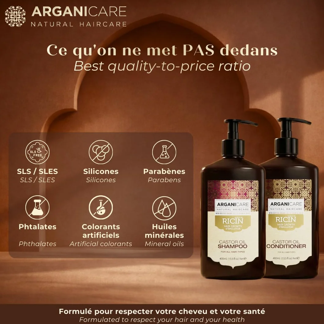 ARGANICARE | Zestaw Duo Ricin | Szampon + Odżywka Wzrost & Wzmocnienie | Wszystkie rodzaje włosów |.Siła i Nawilżenie | 2 x 400 ml