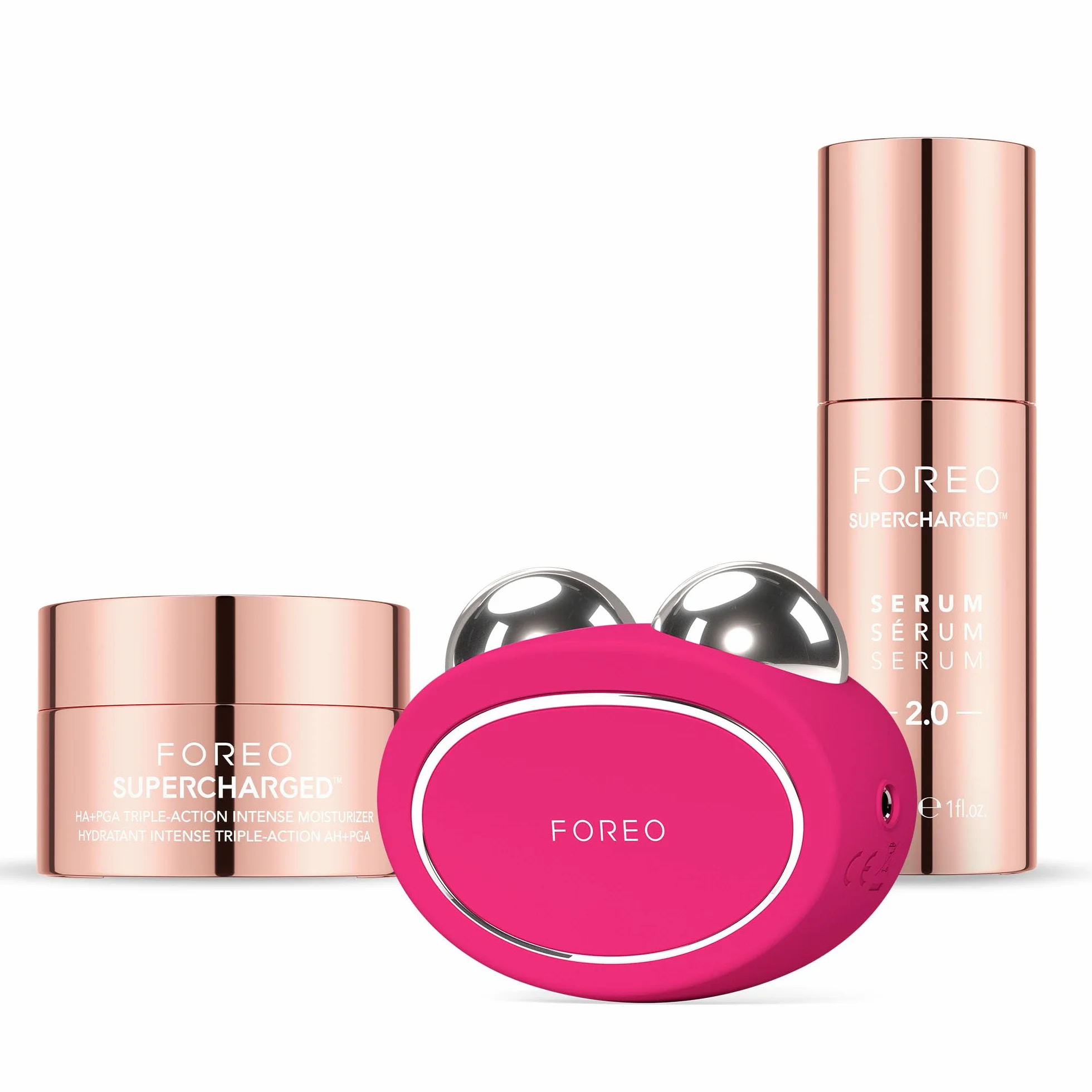 FOREO BEAR 2 Ujędrniający masażer twarzy z SÉRUM SUPERCHARGED 2.0 30 ml i HA+PGA SUPERCHARGED 50 ml - Mikroprądy do twarzy
