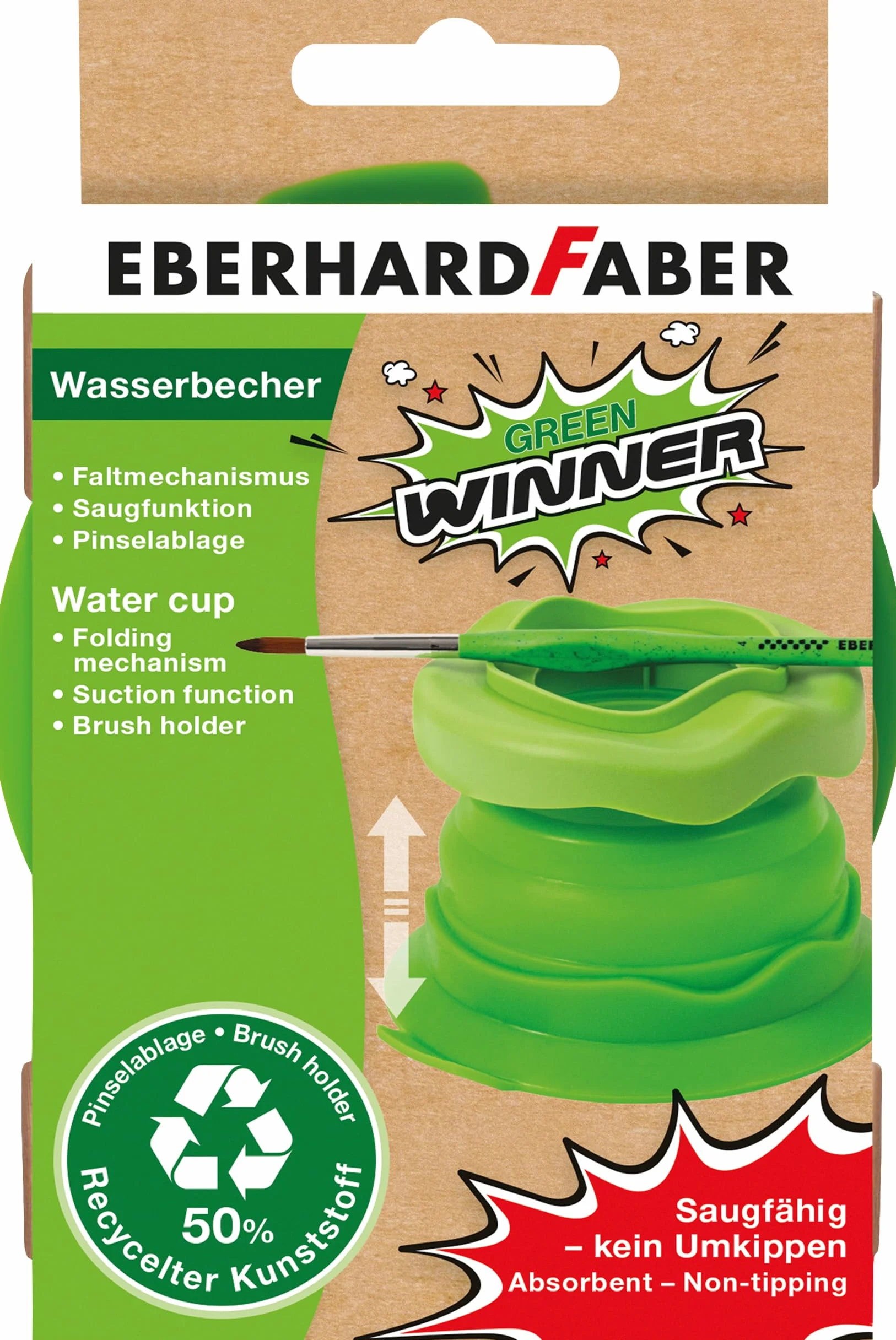 EBERHARD FABER 579935 - Składany kubek na wodę Green Winner, kubek na szczoteczkę zielony z funkcją ssania i uchwytem na szczoteczkę