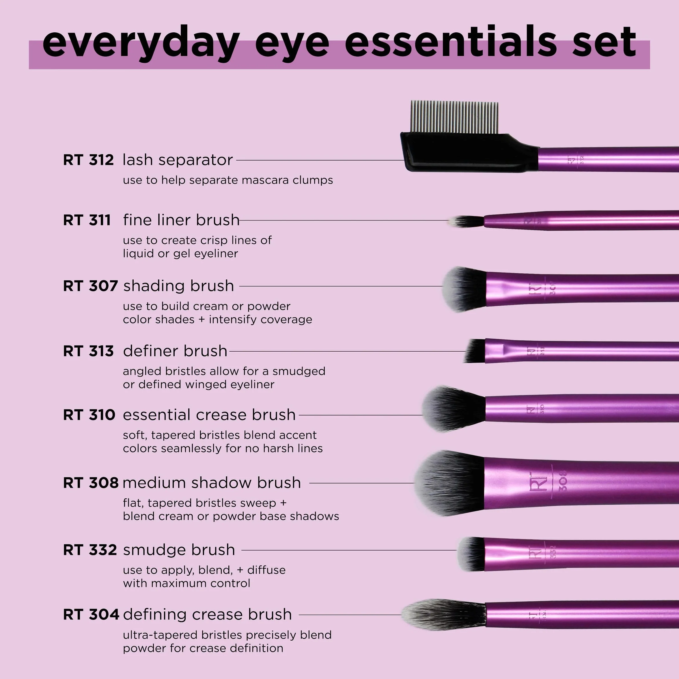 Real Techniques Everyday Eye Essentials Zestaw Pędzli do Makijażu, Fioletowy/Czarny, 8 Elementów