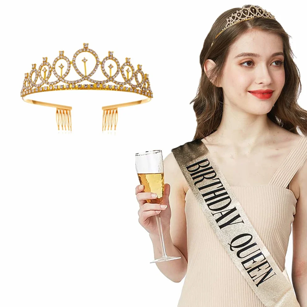 Szarfa korona urodzinowa, złota korona urodzinowa, kryształowa korona, szarfa z urodzinami Queen, akcesoria na imprezę urodzinową, dodatek do włosów księżniczki