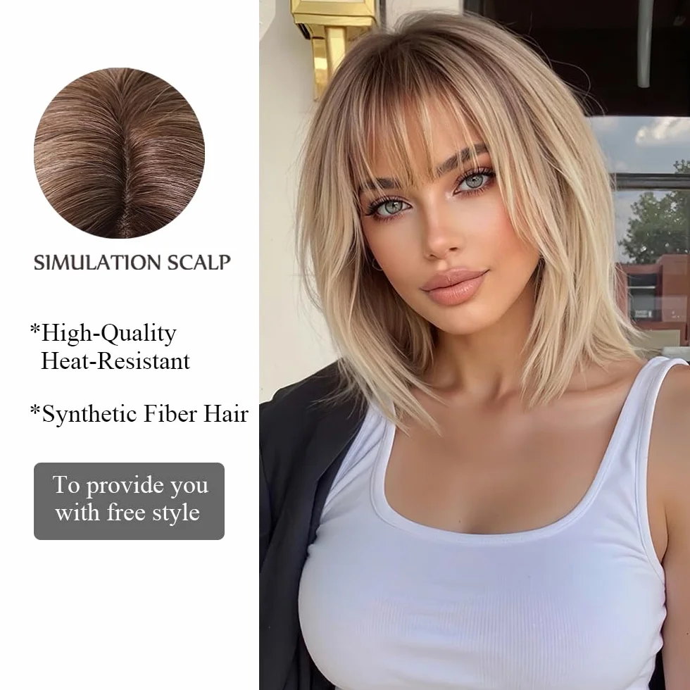 Ombre blond peruka damska krótka bob, prosta peruka syntetyczna dla kobiet, 100% japońskie włókna Kanekalon, na co dzień, imprezę, Halloween