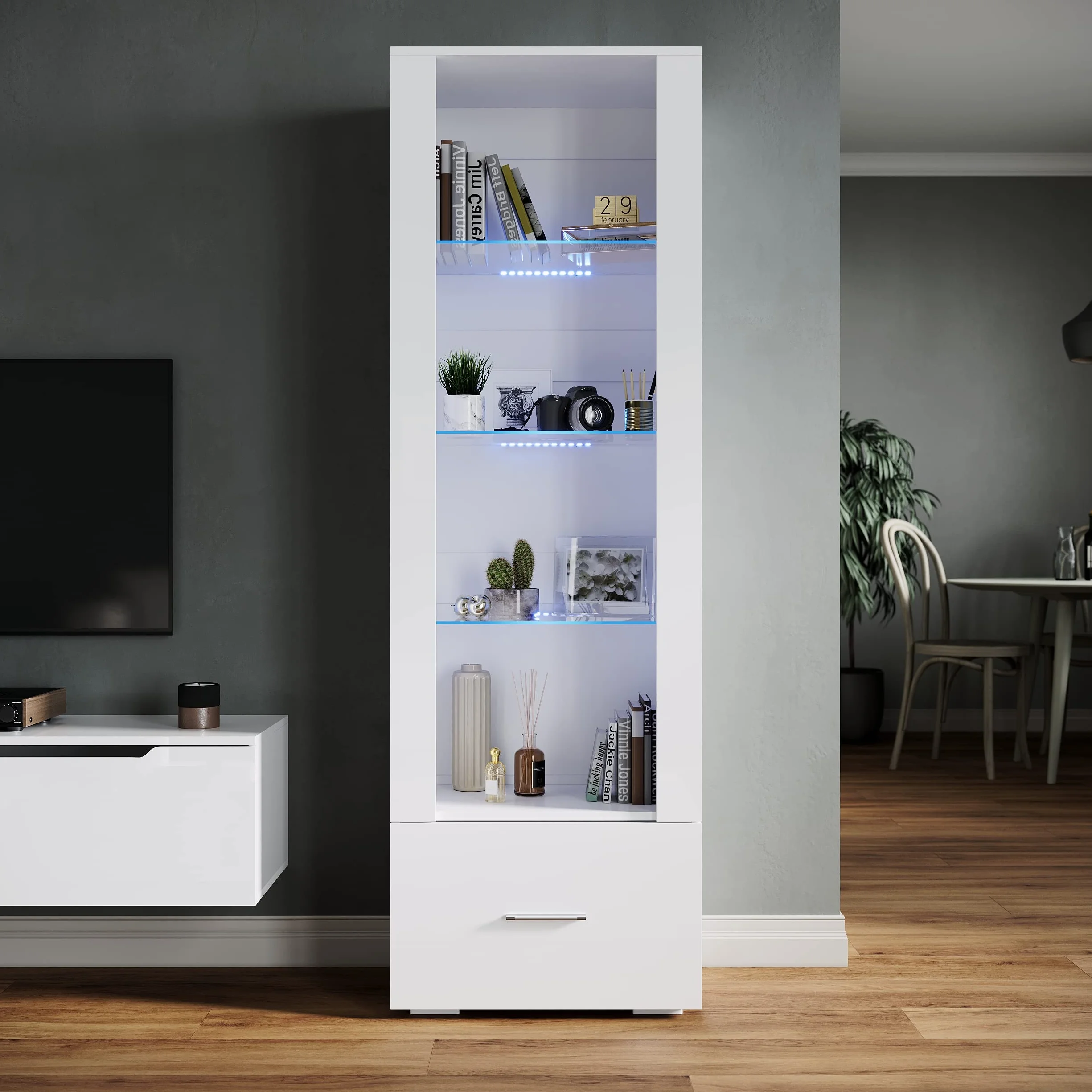 SONNI Witryna z oświetleniem LED, szklana witryna z szufladami, biała, front na wysoki połysk, witryna kolekcjonerska, szafa z witryną, szer. 550 x gł. 350 x wys. 1720 mm