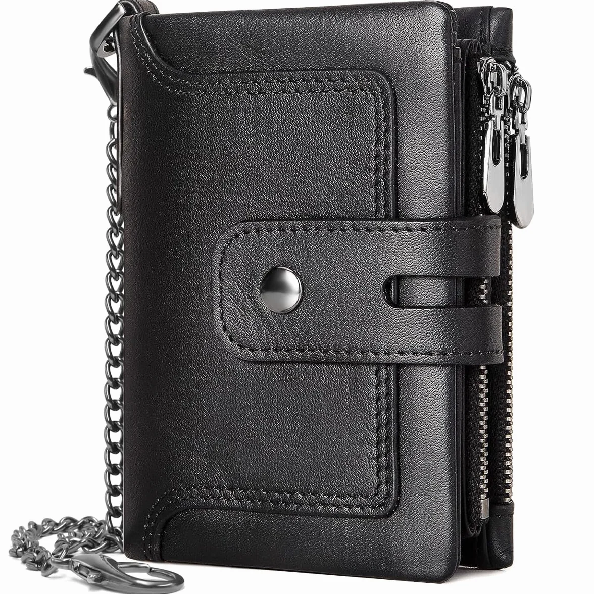 REETEE Męski skórzany portfel blokujący RFID męski portfel 16 miejsc na karty zamek kieszeń na monety z łańcuszkiem klasyczna torebka, czarny i srebrny, 9.5 cm x 12 cm x 2.5 cm, RFID