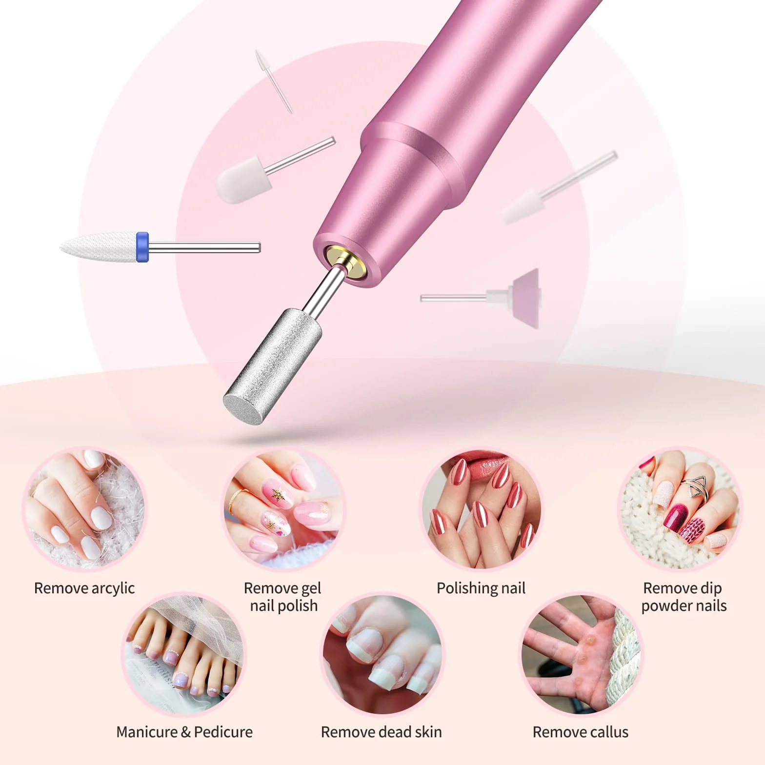 Frezarka do paznokci żelowych, elektryczna frezarka do paznokci, zestaw do manicure, elektryczna frezarka do paznokci żelowych, 12 w 1, bezstopniowa prędkość do manicure "zrób to sam" (różowa)