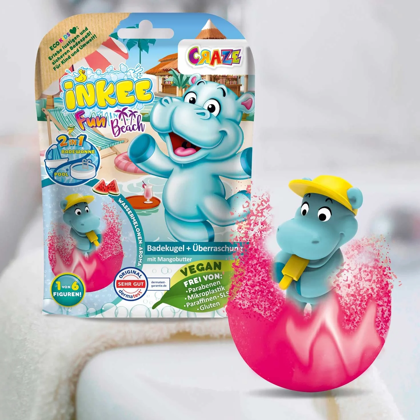INKEE Fun Beach | Zestaw 3 Bomb do Kąpieli dla Dzieci z Figurkami Hipopotama, 3x Kule do Kąpieli z Niespodzianką, Aromat Arbuza, z Masłem Mango