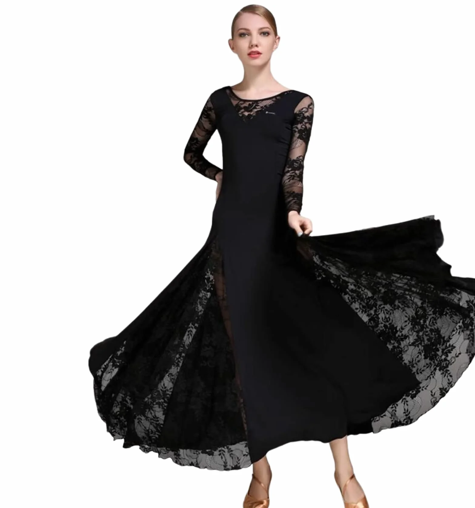 Damskie Sukienka do tańca towarzyskiego Koronka Nowoczesny Walc Tango Taniec Ubrania Długi rękaw Spektakl Foxtrot Dance Dress Konkurs tańca towarzyskiego Sukienki,Black,M