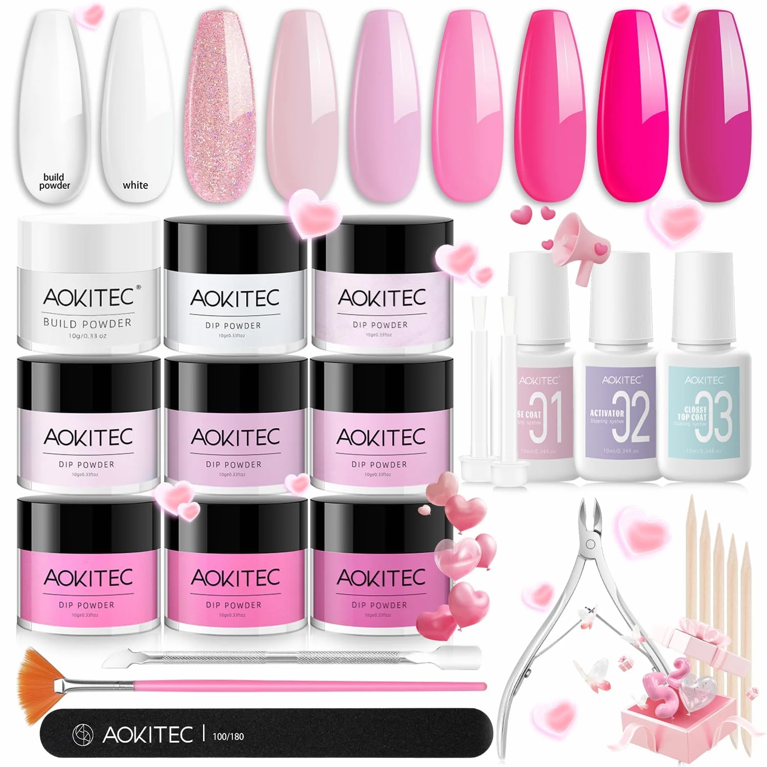 Aokitec zestaw do paznokci w jednym – 8 + 1 kolorów z bazą, aktywatorem, lakierem nawierzchniowym, pilnikiem, popychaczem do skórek i trymerem do samodzielnego manicure, zestaw prezentowy