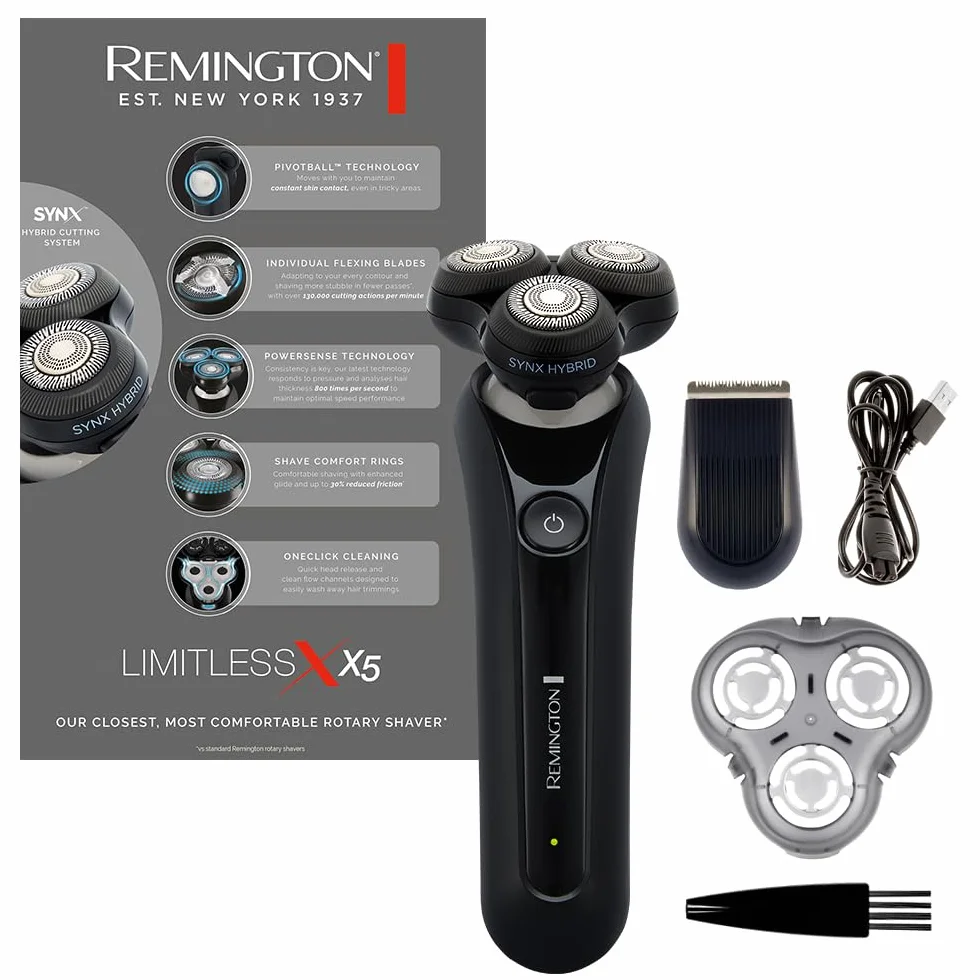 Remington X5 Limitless X Golarka elektryczna dla mężczyzn z hybrydowym systemem tnącym SynX, rotacyjna, na mokro i na sucho, trymer, elastyczne głowice, bezprzewodowa, 360° PivotBall, USB, XR1755