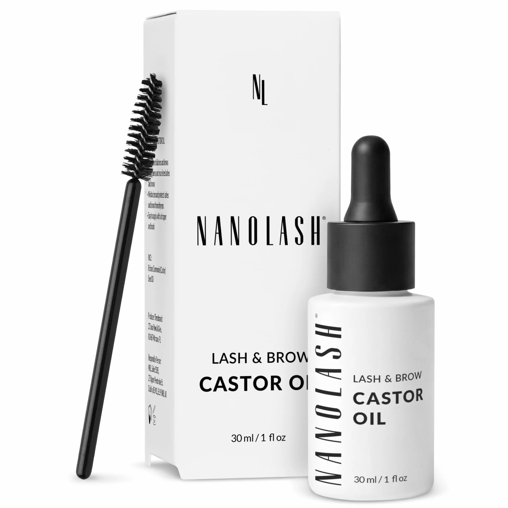 Olejek rycynowy Nanolash 30 ml - 100% naturalny, zimnotłoczony i nierafinowany olejek do rzęs i brwi, przyśpiesza wzrost rzęs, olej rycynowy z aplikatorem