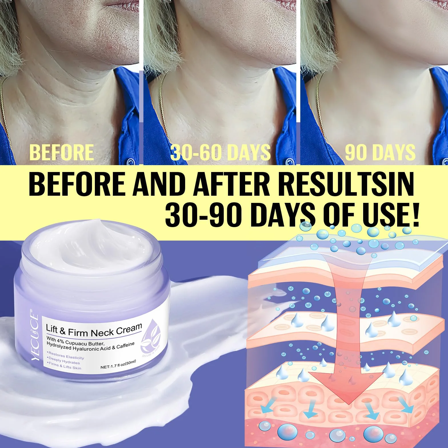 Lift & Firm Neck Cream, ujędrniający krem na szyję i dekolt, z proaktywnym kompleksem regenerującym, organiczny krem redukujący zmarszczki, linie szyi, 50 ml