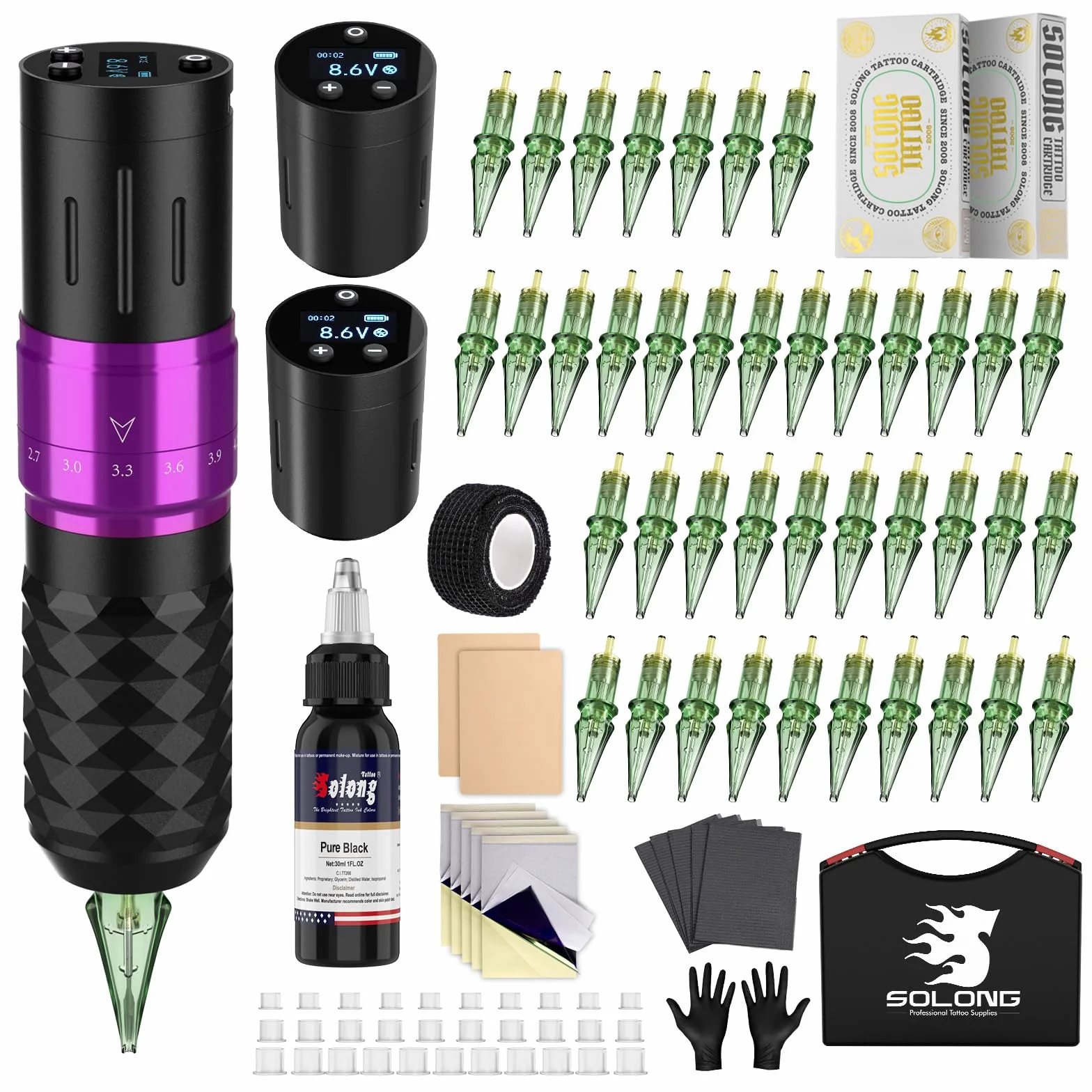 Solong Tattoo SL-TK0001EU-4 zestaw 2 baterii, 7 uderzeń, obrotowy pistolet do tatuażu z cyfrowym wyświetlaczem LCD, 40 igieł do kartridży, 30 ml, czarny tusz dla początkujących i artystów