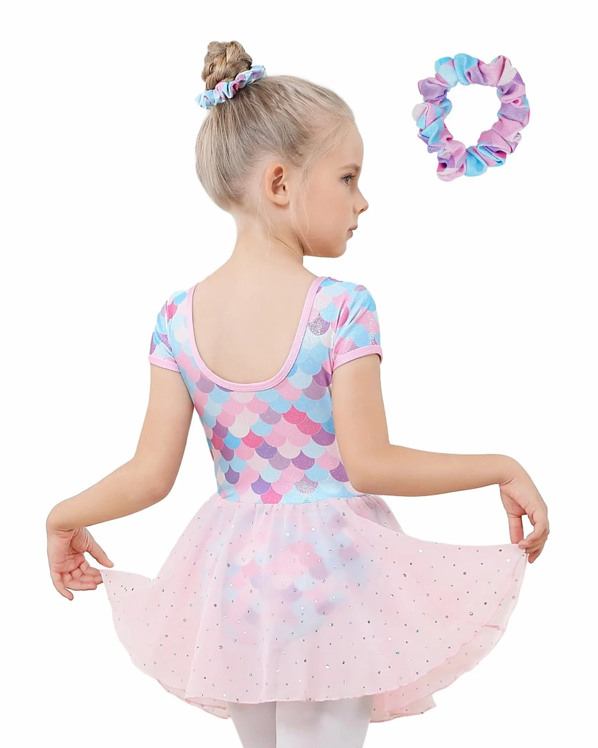 Gogokids Dziewczęca koszulka baletowa dla małych dzieci, błyszcząca sukienka do tańca, z krótkim rękawem, odzież baletowa, dopasowana opaska na włosy, idealna na lekcje baletu, tańca i występy, 3-11