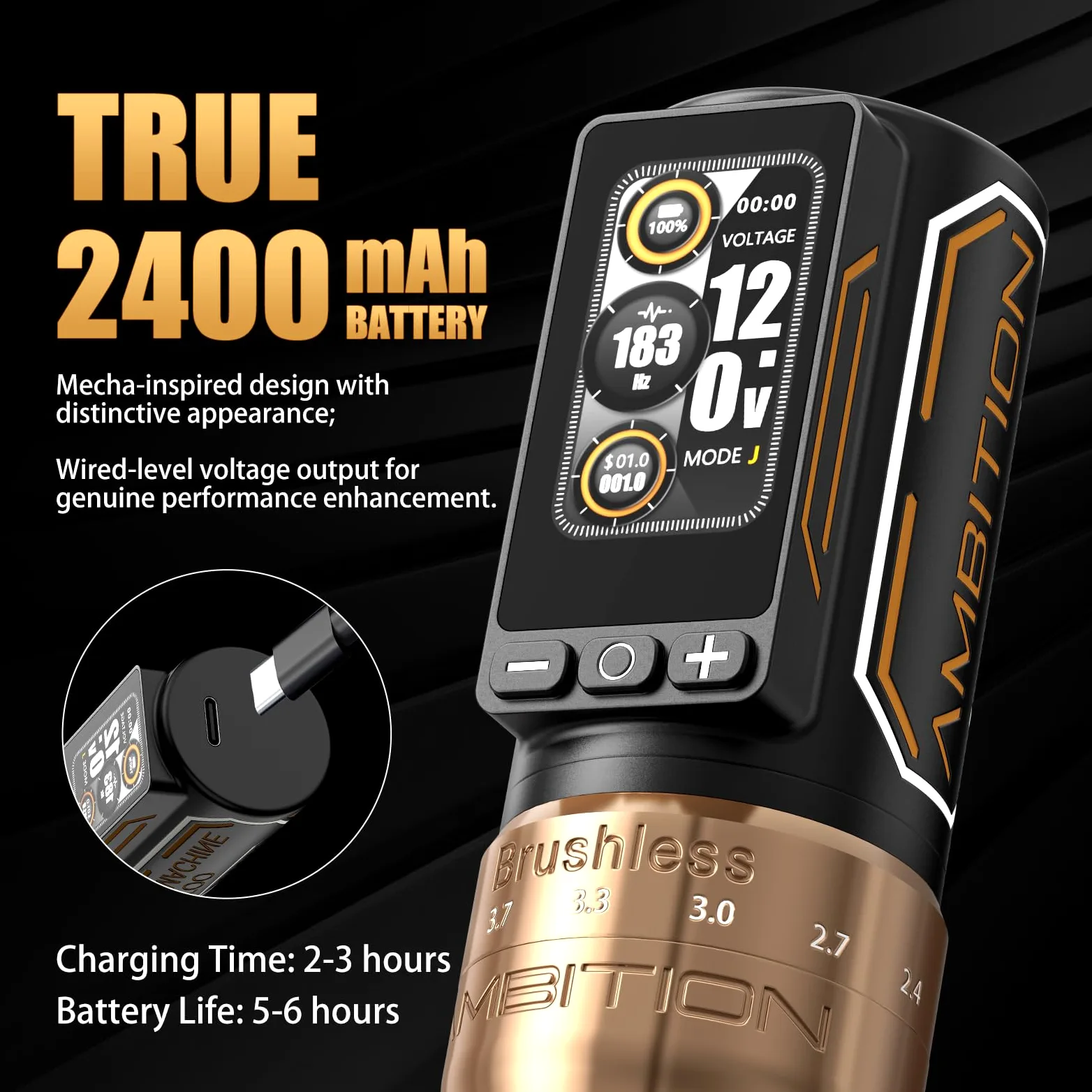 Ambition Rotary Tattoo Gun Ninja Max 280 Bezprzewodowa Maszynka z 7 Skokami 2,4–4,5 mm, Podwójna Bateria 2400mAh, Silnik 280 g.cm, Uchwyty 54 mm i 32 mm