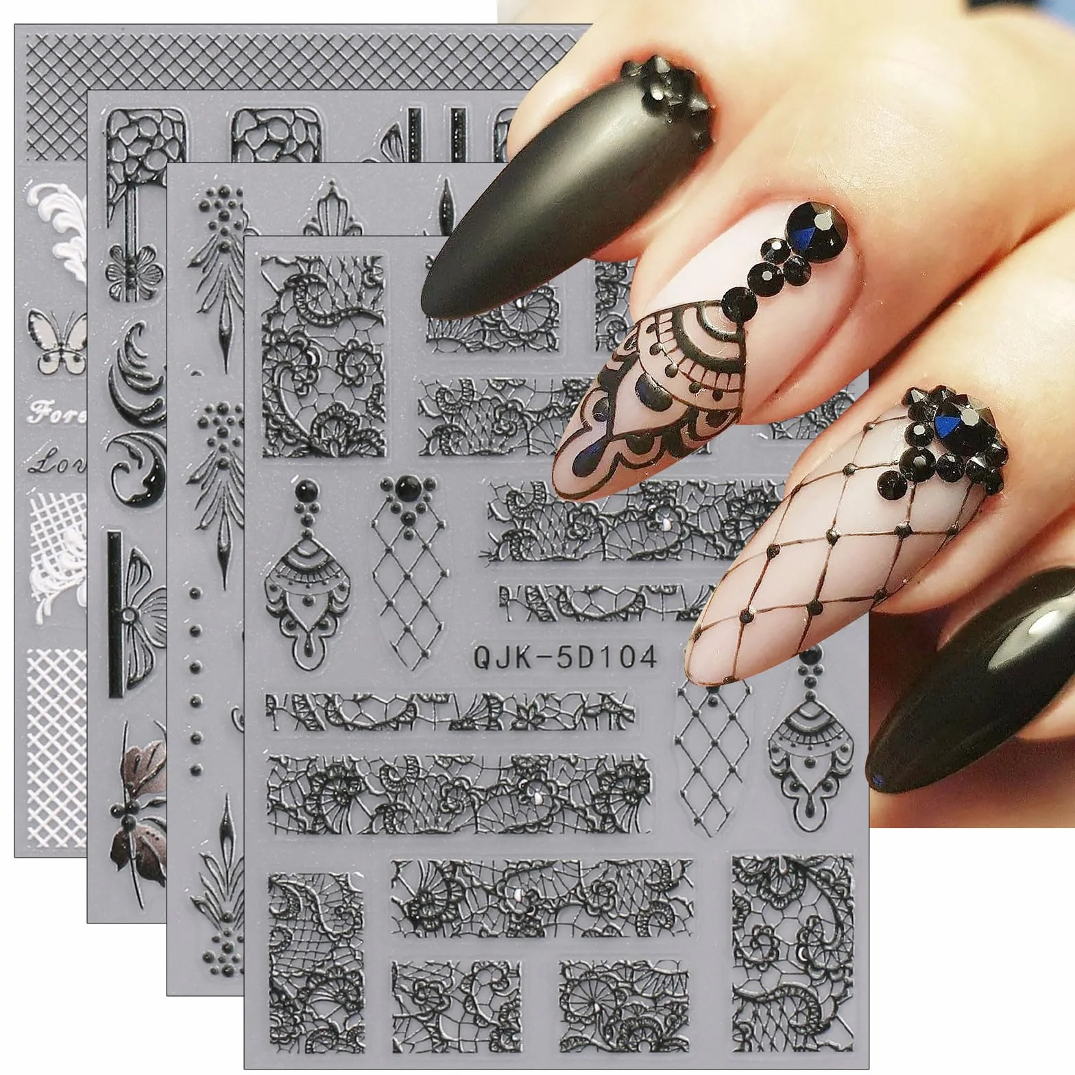 JMEOWIO 3D Czarny Biały Kwiat Nail Art Naklejka 4 Arkusze Naklejki na paznokcie Samoprzylepne dekoracje do paznokci