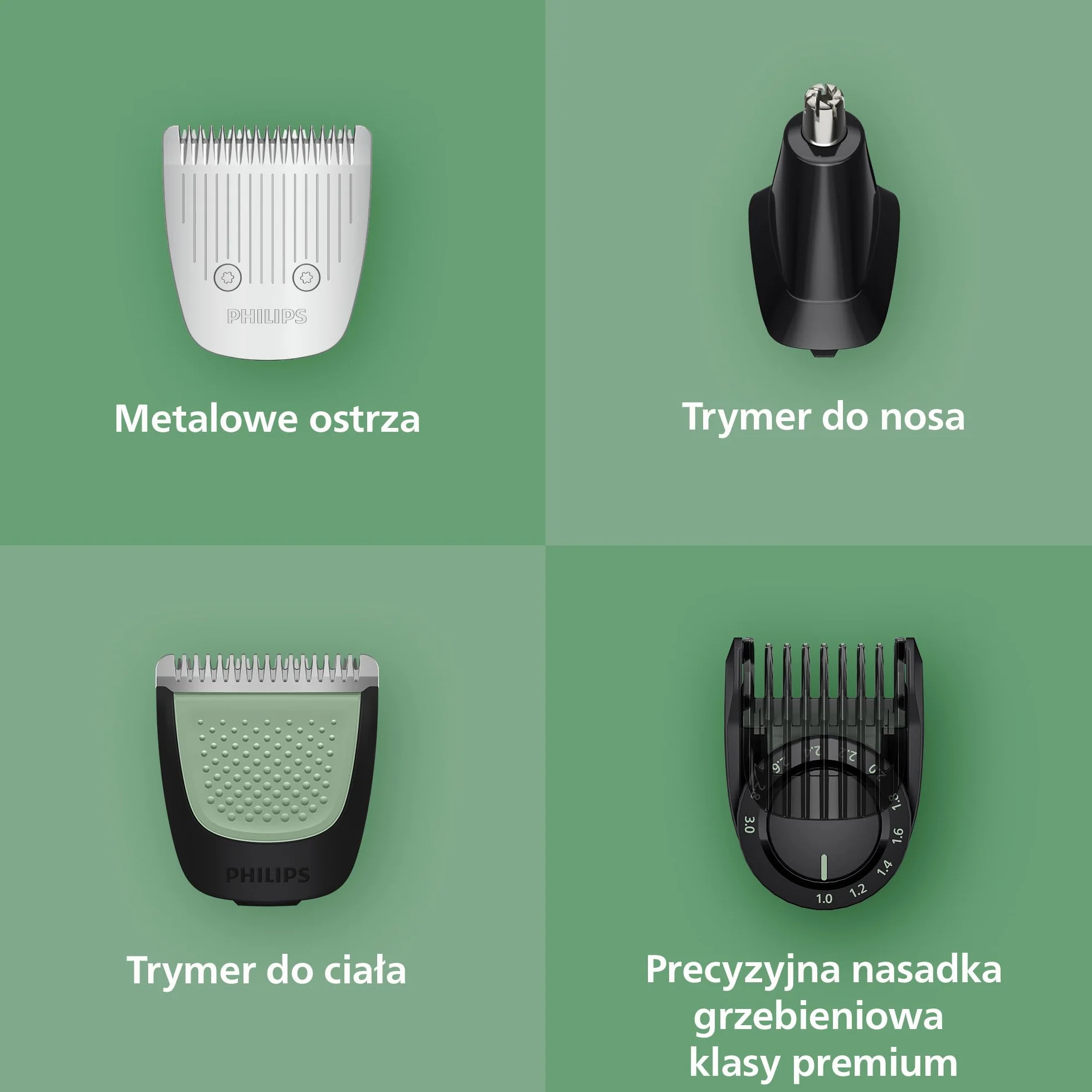 19-elementowy Philips Multigroom All-in-One z serii 9000: kompleksowy zestaw do pielęgnacji twarzy, głowy i ciała, dodatkowy trymer OneBlade, 27 ustawień długości (0,2-20 mm), model MG9556/15