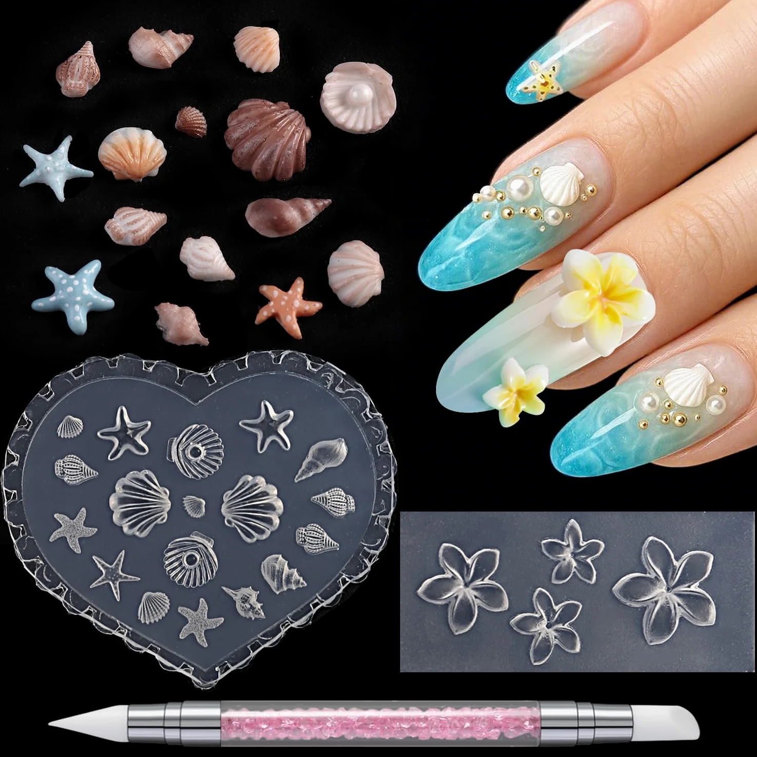 Zestaw silikonowych form do zdobienia paznokci, 3 szt., 3D Plumeria, kwiat i ocean, muszla z długopisem, przezroczyste formy do zdobienia paznokci, narzędzia do manicure, formy para Uñas