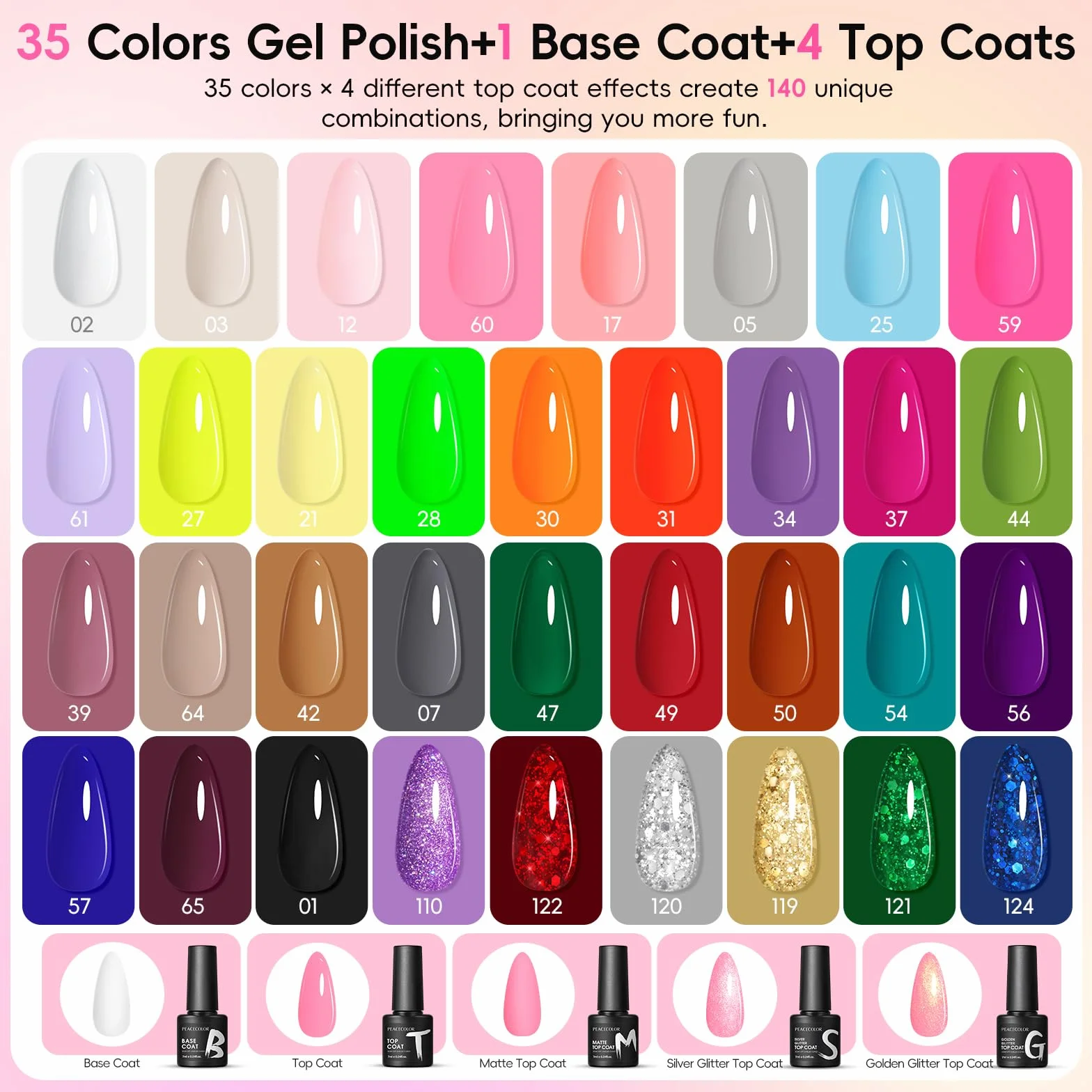 Zestaw żeli UV PEACECOLOR 35 kolorów baza top coat