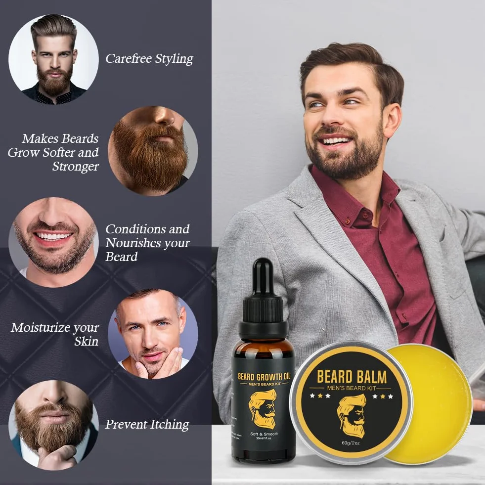 Zestaw do brody męskiej, 6 sztuk olejek do brody mężczyzna grzebień do brody balsam do brody zestaw kompletny prezent do pielęgnacji brody człowiek nawilżający odżywczy do brody