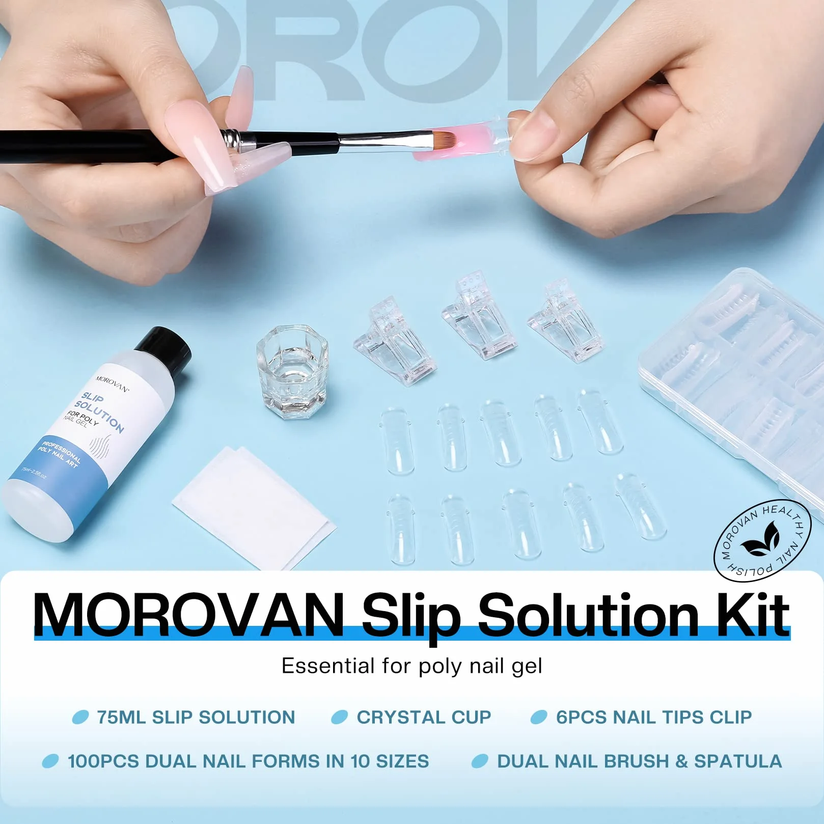 Morovan Slip Solution Anti-Stick do przedłużania paznokci poly żel z pędzlami, kryształowy kubek do samodzielnego wykonania zestawu do paznokci w domu, przezroczysty