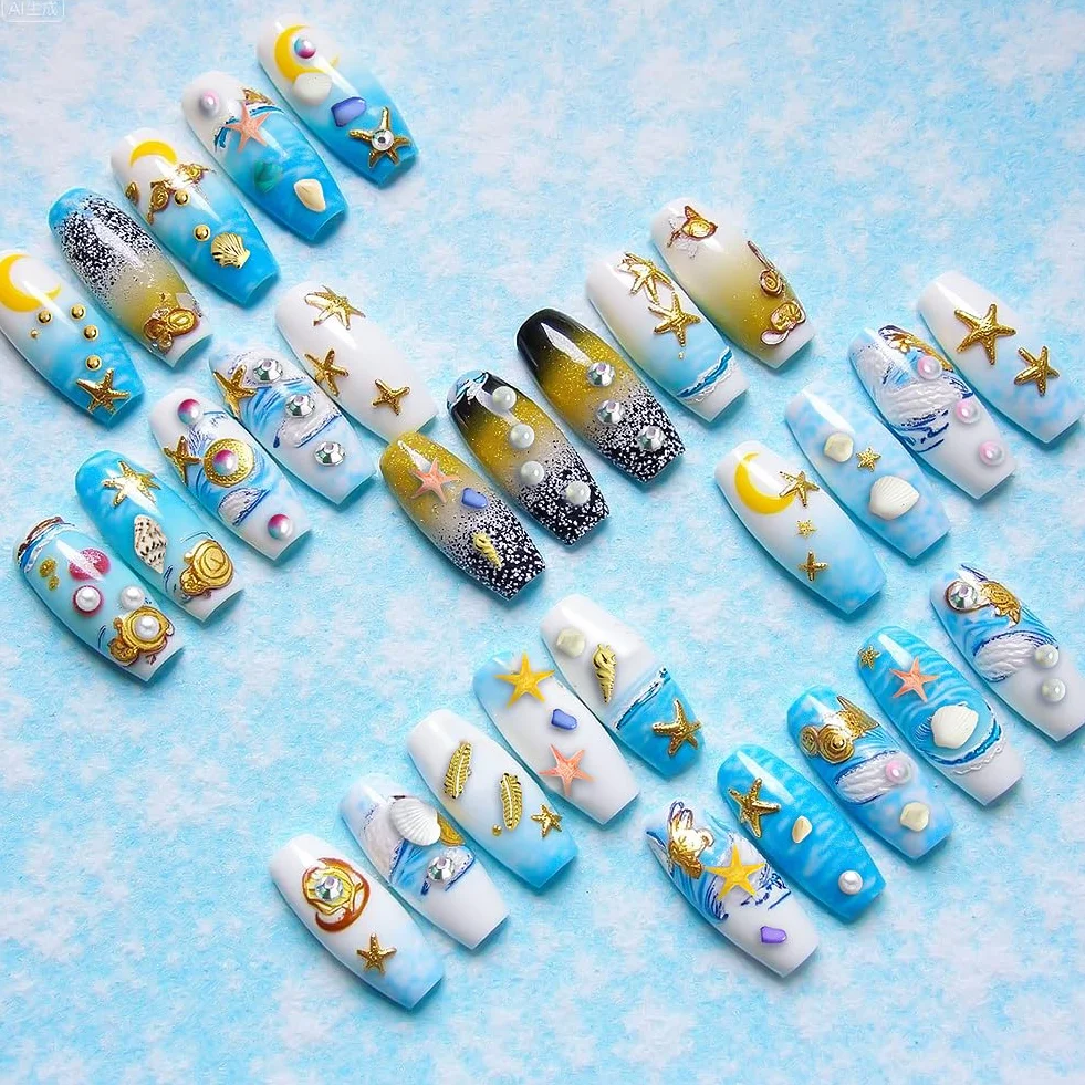 Vicloon Summer Ocean Nail Charms, 2 pudełka, letnie kamienie strasu do paznokci, motyw plażowy z muszlami, rozgwiazda 3D, muszla, perły, charmsy do paznokci, dla kobiet, akrylowe, do paznokci, oceanu