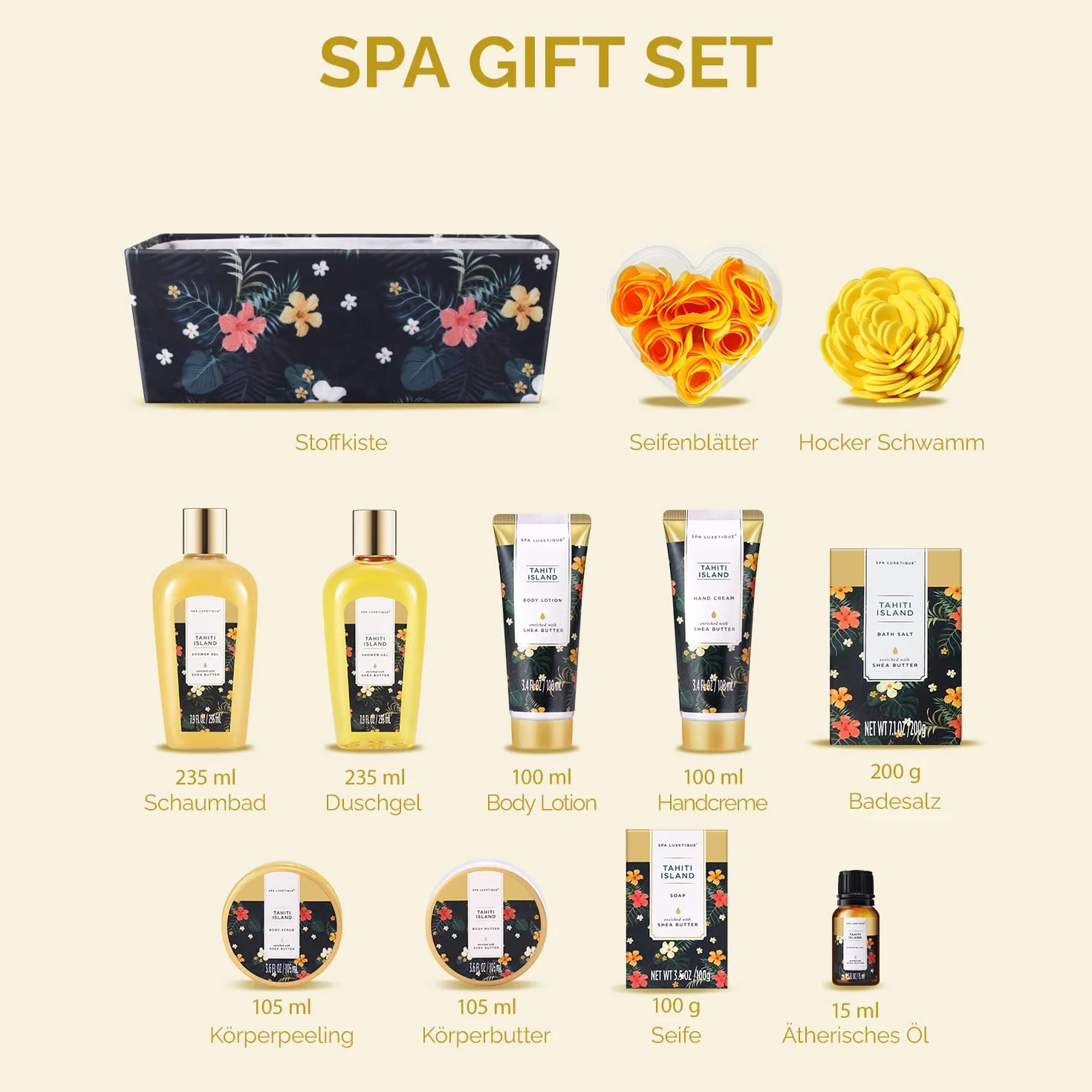 SPA LUXETIQUE Zestaw prezentów dla kobiet Tahiti Bath 12 szt oliwa eteryczna masło do ciała kąpiel bąbelkowa