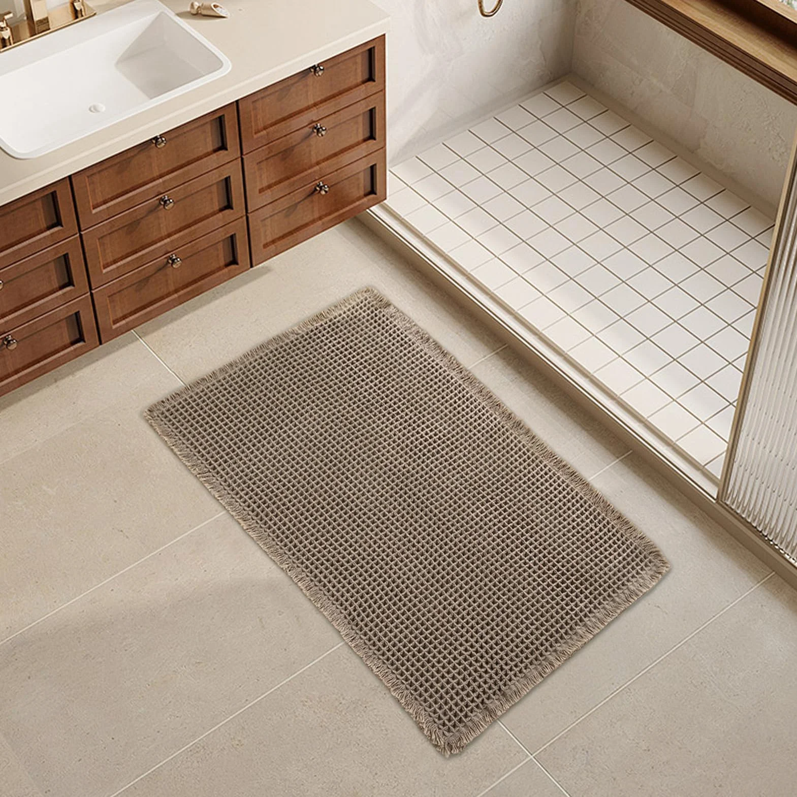 Non Slip Bathroom Rug, Bath Mat Shower Carpet, Quick Dry Waffle Design Machine Washable, Ultra Absorbent Comfort, for Home Decor for Tub Floor Kitchen Apartment Entryway and Modern Living