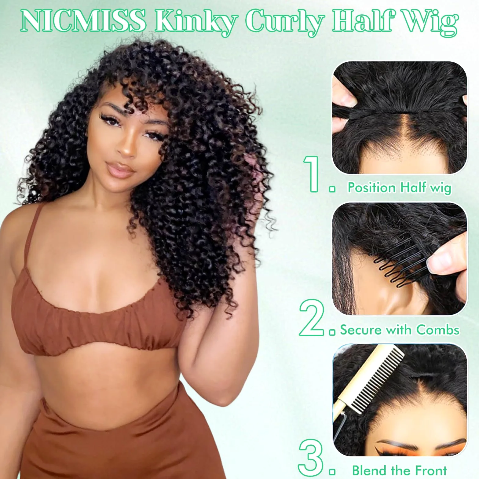 Kinky Curly Half Wig Human Hair 180% Density 3 In 1 Seamless Flip Over Half Wigs Human Hair Glueless Wear and Go Kinky Curly Wig with Drawstring Headband Wigs for Women Invisible Hairline 16 Inch