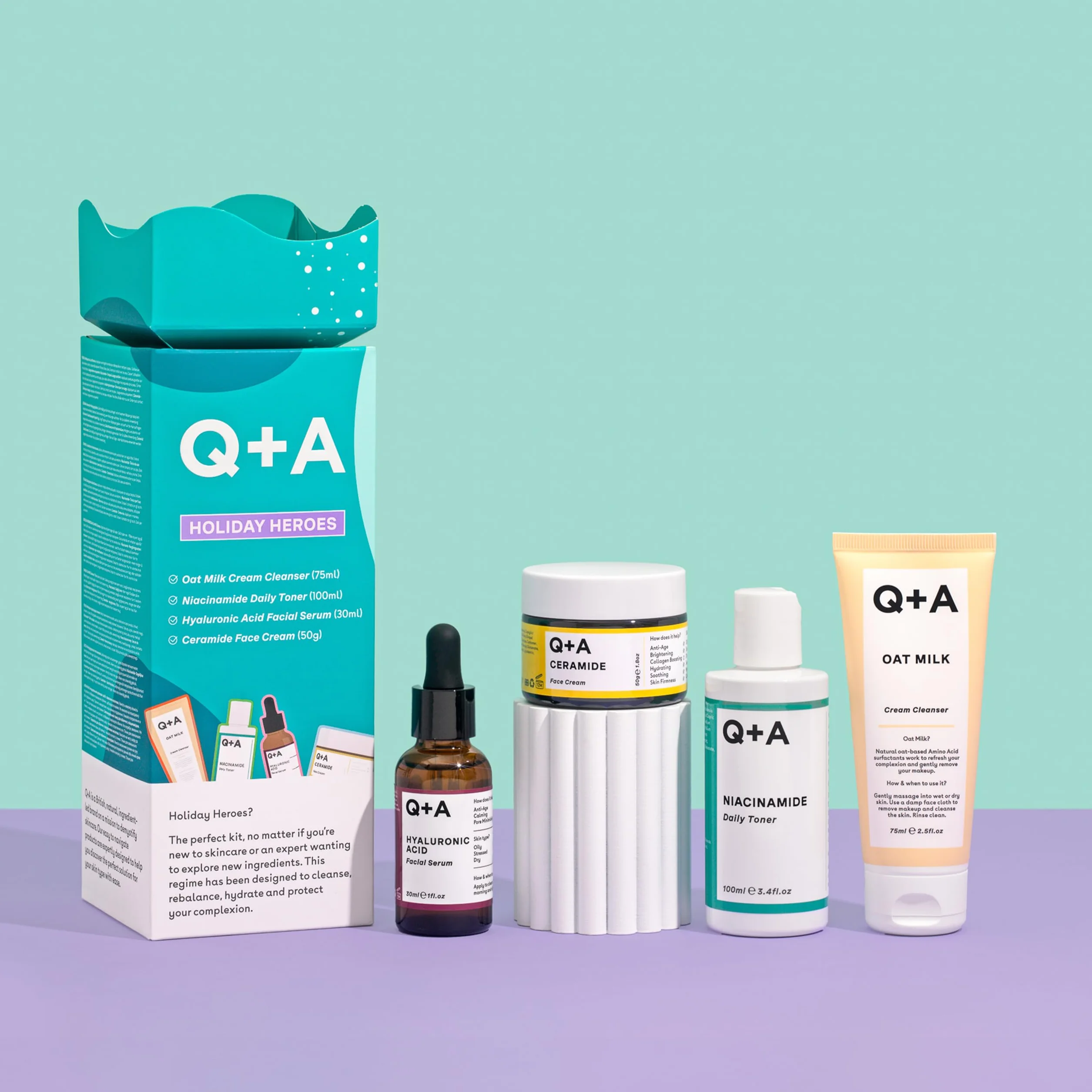 Zestaw prezentowy Q+A Holiday Heroes – 4-etapowy program z Oat Milk Cleanser, Niacinamide Toner, Hyaluronic Acid Serum, Ceramide Face Cream – Wegański, Nietestowany na zwierzętach