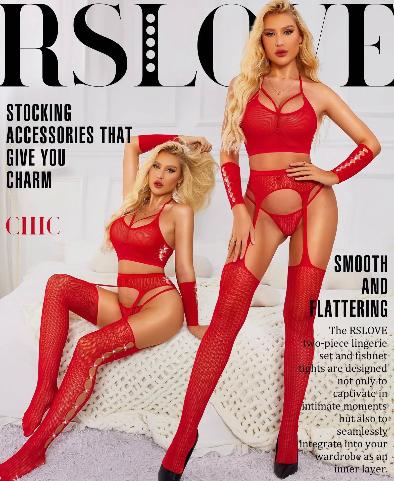 RSLOVE Seksowna bielizna kabaretki bodystocking - stroje damskie 4-częściowy zestaw bielizny z rękawiczkami i rajstopami