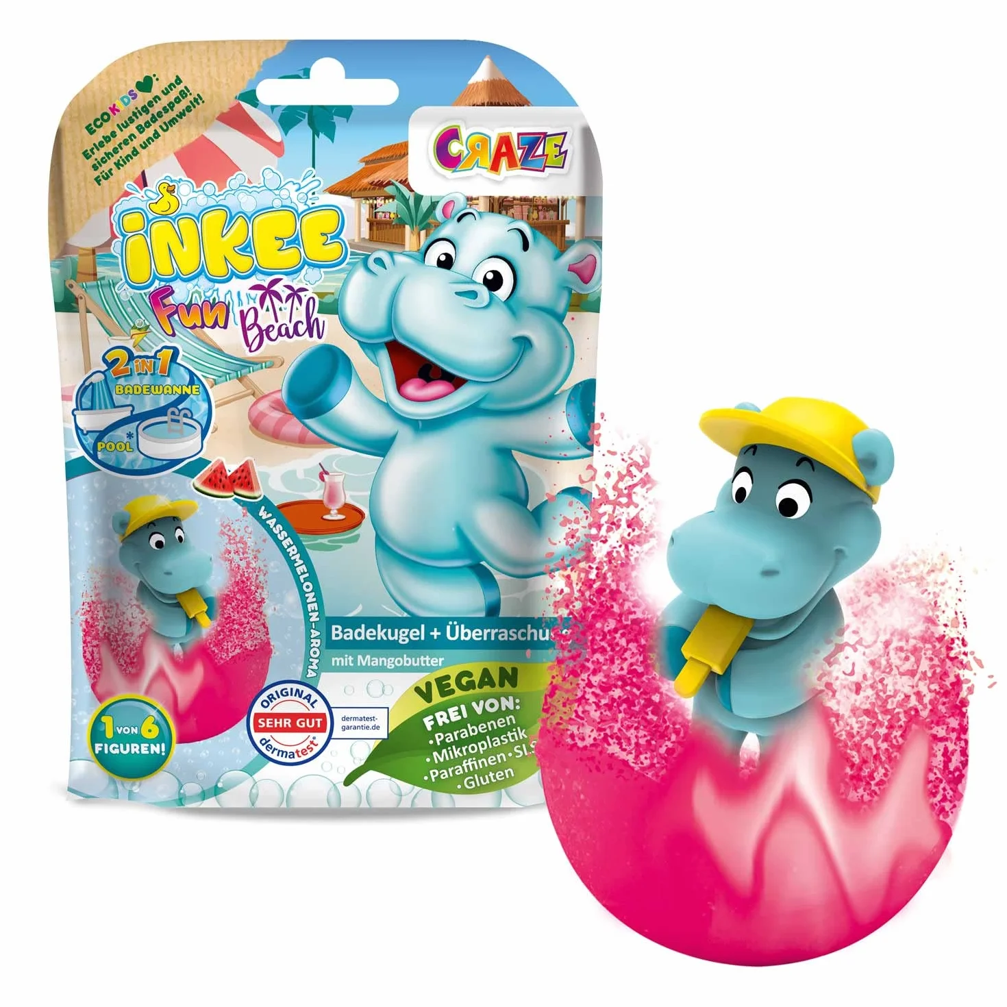 INKEE Fun Beach | Zestaw 3 Bomb do Kąpieli dla Dzieci z Figurkami Hipopotama, 3x Kule do Kąpieli z Niespodzianką, Aromat Arbuza, z Masłem Mango