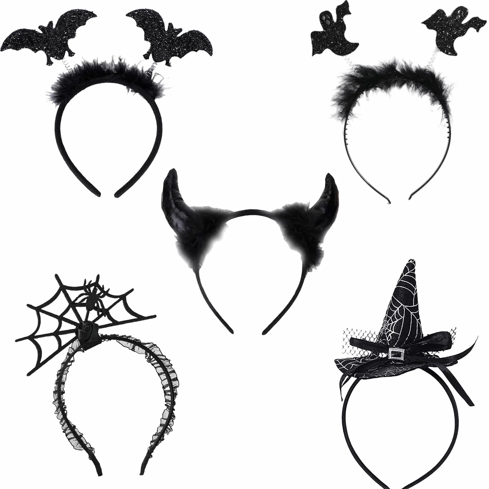 GWAWG Opaski na głowę na Halloween, pajęczyna, kapelusz czarownicy, nietoperz, diabelskie rogi, duch, nakrycia głowy, akcesoria dla dorosłych, dzieci, Halloween, upominki na imprezę, 5 szt