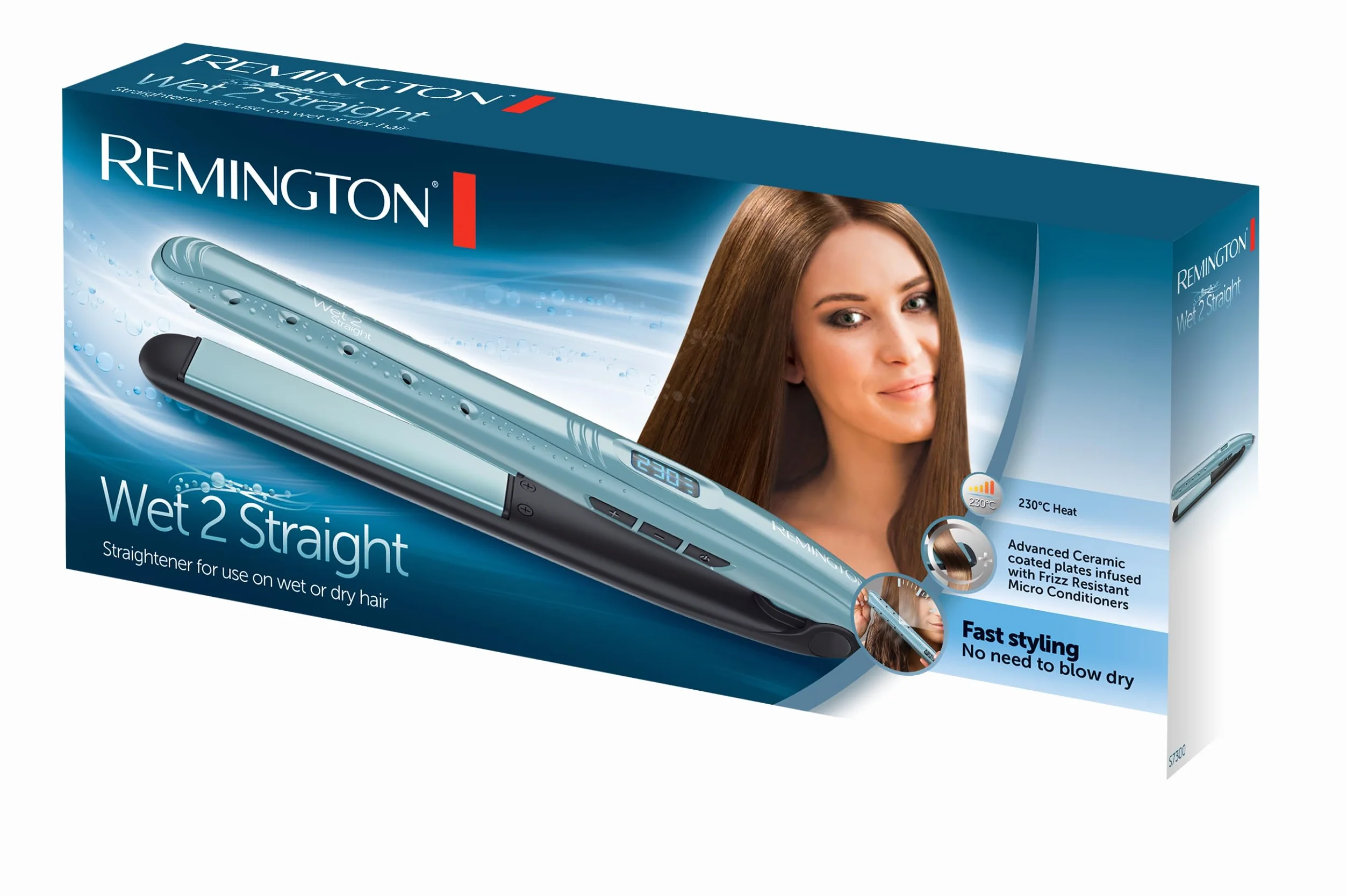 Remington prostownica do włosów, do użytku na mokro i na sucho - do suszenia i prostowania włosów, zintegrowane odżywki zapobiegające puszeniu, wyświetlacz LCD, 140-230°C, Wet2Straight S7300
