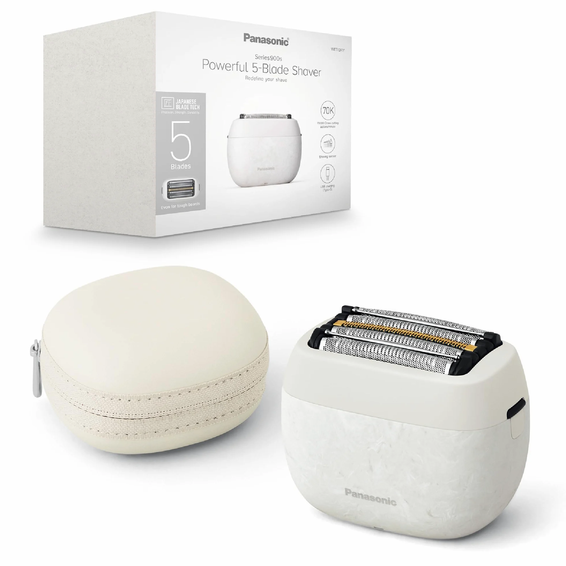 Panasonic ES-PV6B-W803 Series 900s Golarka Elektryczna 5-Ostrzowa, Golenie na Mokro i Sucho, Inteligentny Czujnik Zarostu, USB-C, Biały Marmur NAGORI®