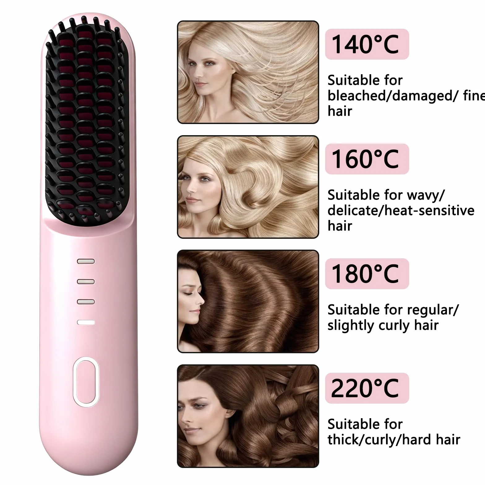 HENGBIRD Bezprzewodowa szczotka do prostowania włosów Pink Edition – 3 w 1 prostownica do włosów, szczotka do prostowania, kręcenia i pielęgnacji, ładowana przez USB, do stylizacji ciepła, do podróży