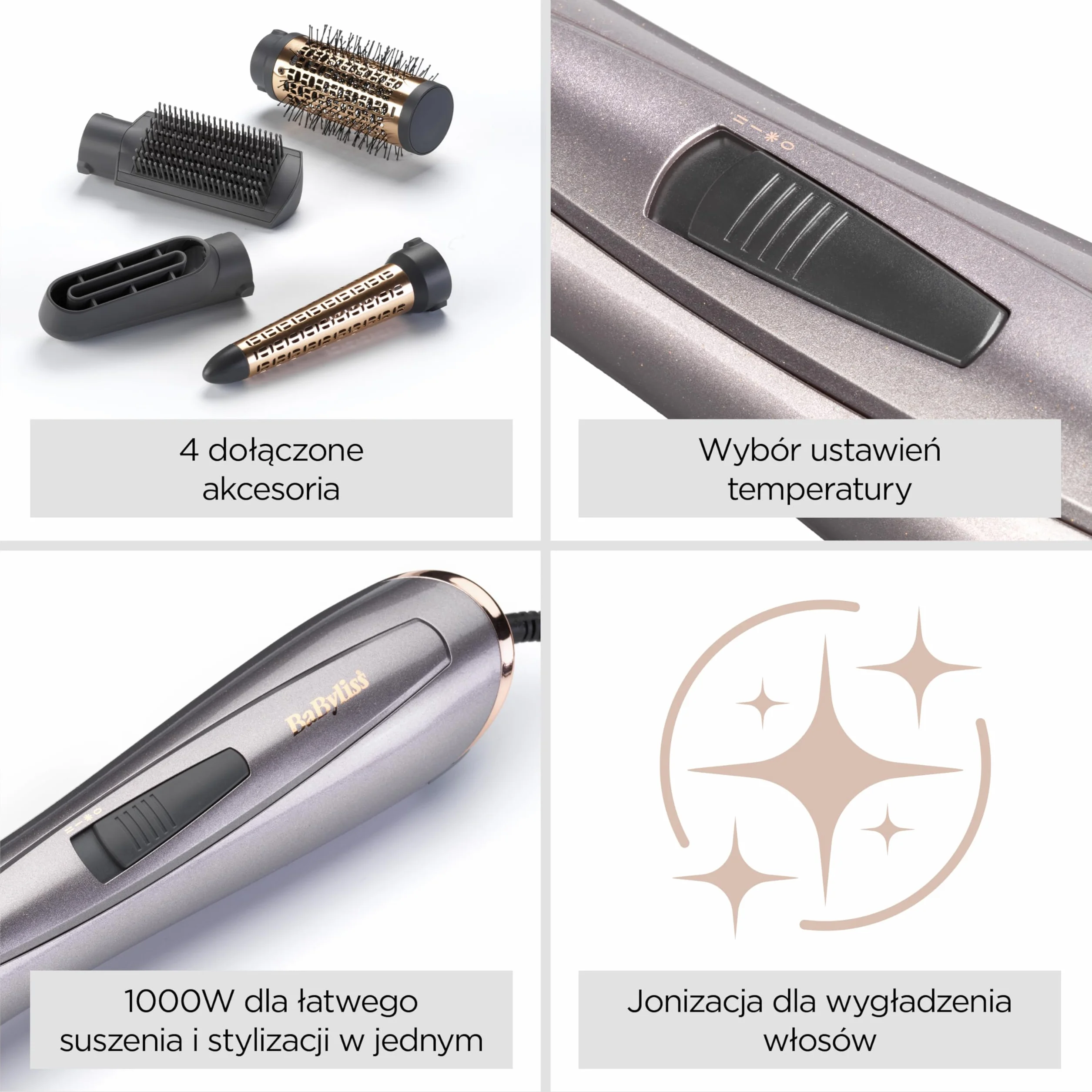 BaByliss Air Styler 1000W - wielofunkcyjna suszarka do włosów, nadająca objętość i lokówka, zaawansowany system jonizacji, kręcenia włosów, 4 nakładki, miedziano-szary, AS136E