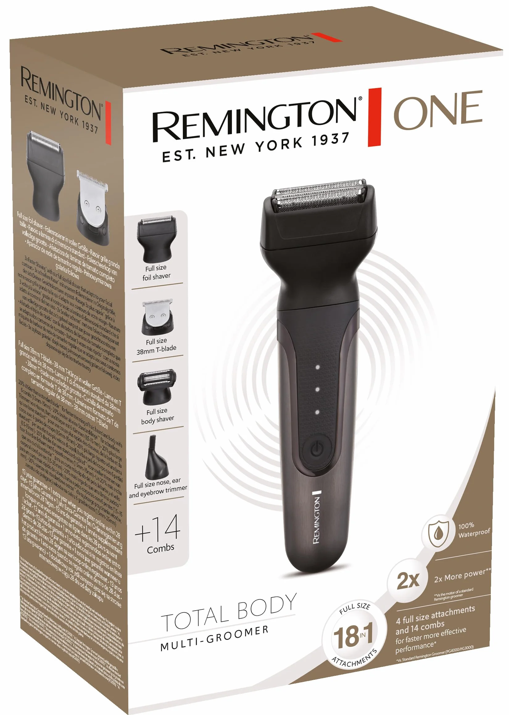 Remington trymer wielofunkcyjny do pielęgnacji całego ciała, zawiera 18 końcówek [ 4 głowice, 14 nasadek], trymer do brody/ciała/nosa/uszu/brwi, wodoodporny, litowy, ONE Total Body Multigroomer PG780