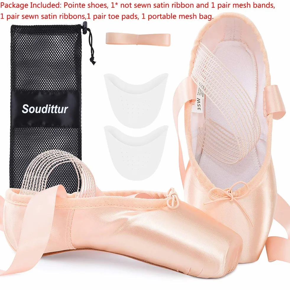 Soudittur Baletowe koronkowe buty baletowe, profesjonalne buty do tańca z wszytą elastyczną taśmą i silikonowymi podkładkami na palce dla kobiet i dziewcząt (proszę wybrać jeden rozmiar większe)