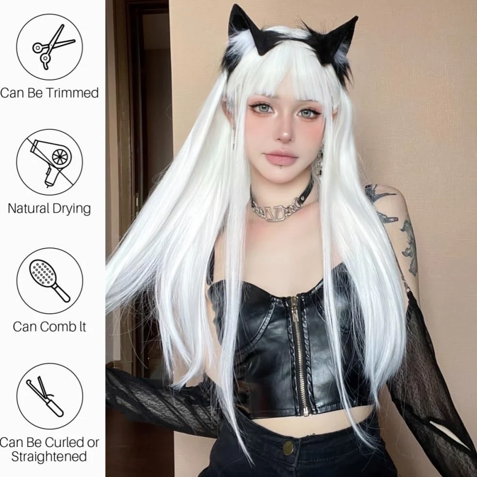 Białe, długie, syntetyczne peruki z grzywką, gładka peruka , cosplay, białe włosy, syntetyczne, odporne na wysokie temperatury, do codziennego użytku na imprezach (kolor niebieski)