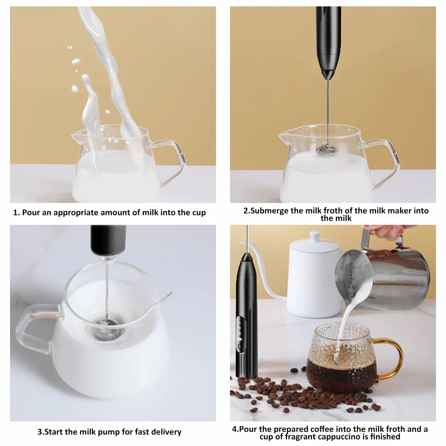 Ręczny elektryczny spieniacz do mleka, ładowany przez USB, mini przenośny blender do napojów, 3 regulowane poziomy do cappuccino, latte, kawy mlecznej, gorącej czekolady