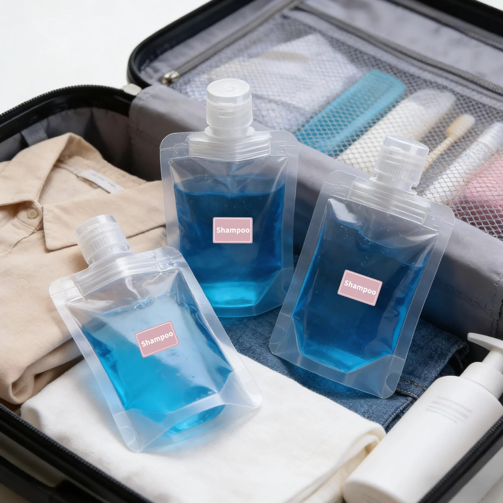 Zestaw 20 szt. saszetek na uzupełnianie żelu pod prysznic 30ml 50ml 100ml | przenośne butelki do szamponu żelu balsamu soków | z silikonowym lejkiem i etykietą na podróż