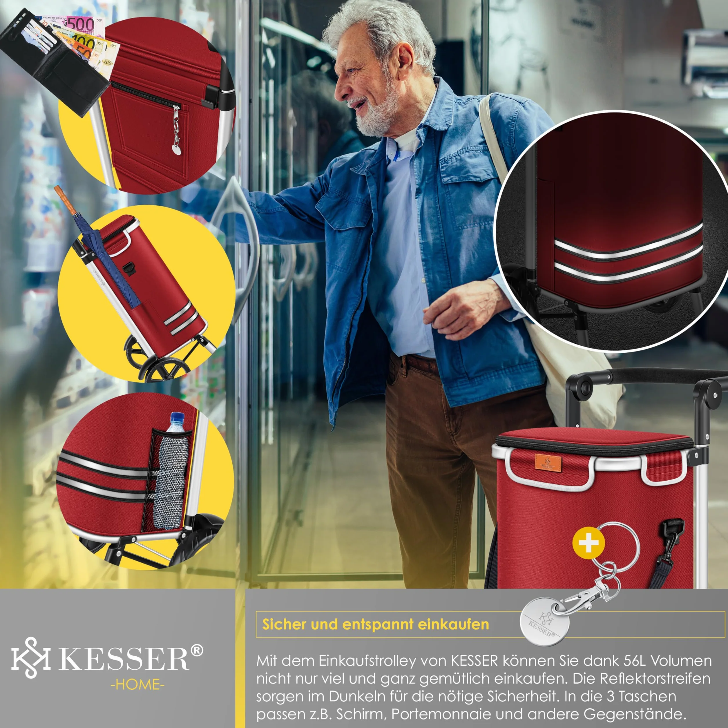 Kesser® Wózek zakupowy, składany, 56 l pojemności, obciążenie do 50 kg, wózek transportowy 3 w 1, wózek na zakupy, w zestawie komora chłodząca i żeton na zakupy, do pokonywania schodów, bordowy