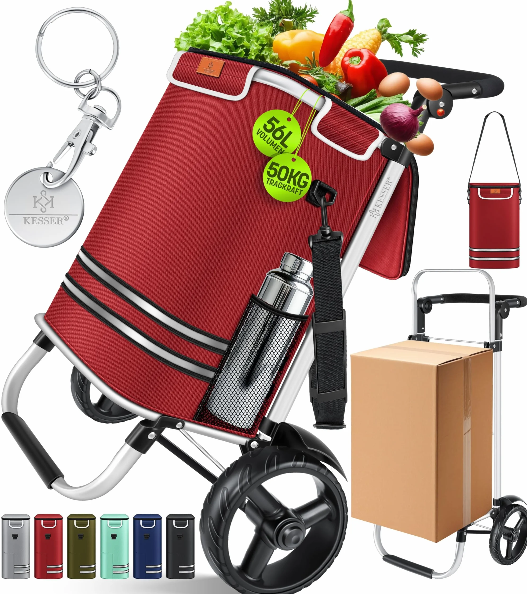 Kesser® Wózek zakupowy, składany, 56 l pojemności, obciążenie do 50 kg, wózek transportowy 3 w 1, wózek na zakupy, w zestawie komora chłodząca i żeton na zakupy, do pokonywania schodów, bordowy