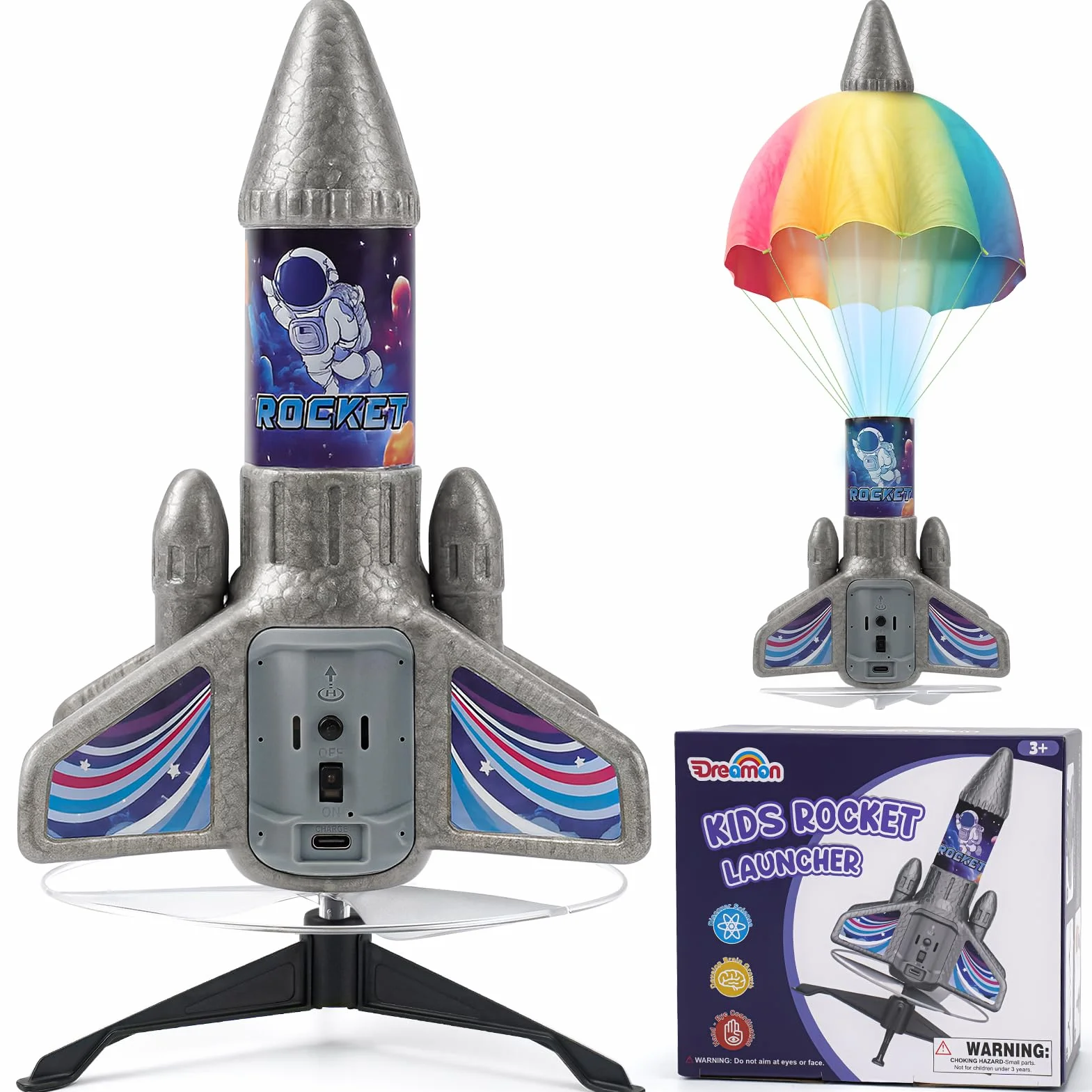 Dreamon Rakieta dla dzieci ze spadochronem LED, zmotoryzowana rakieta, zabawka outdoorowa, prezent dla dzieci w wieku 6, 7, 8, 9 lat