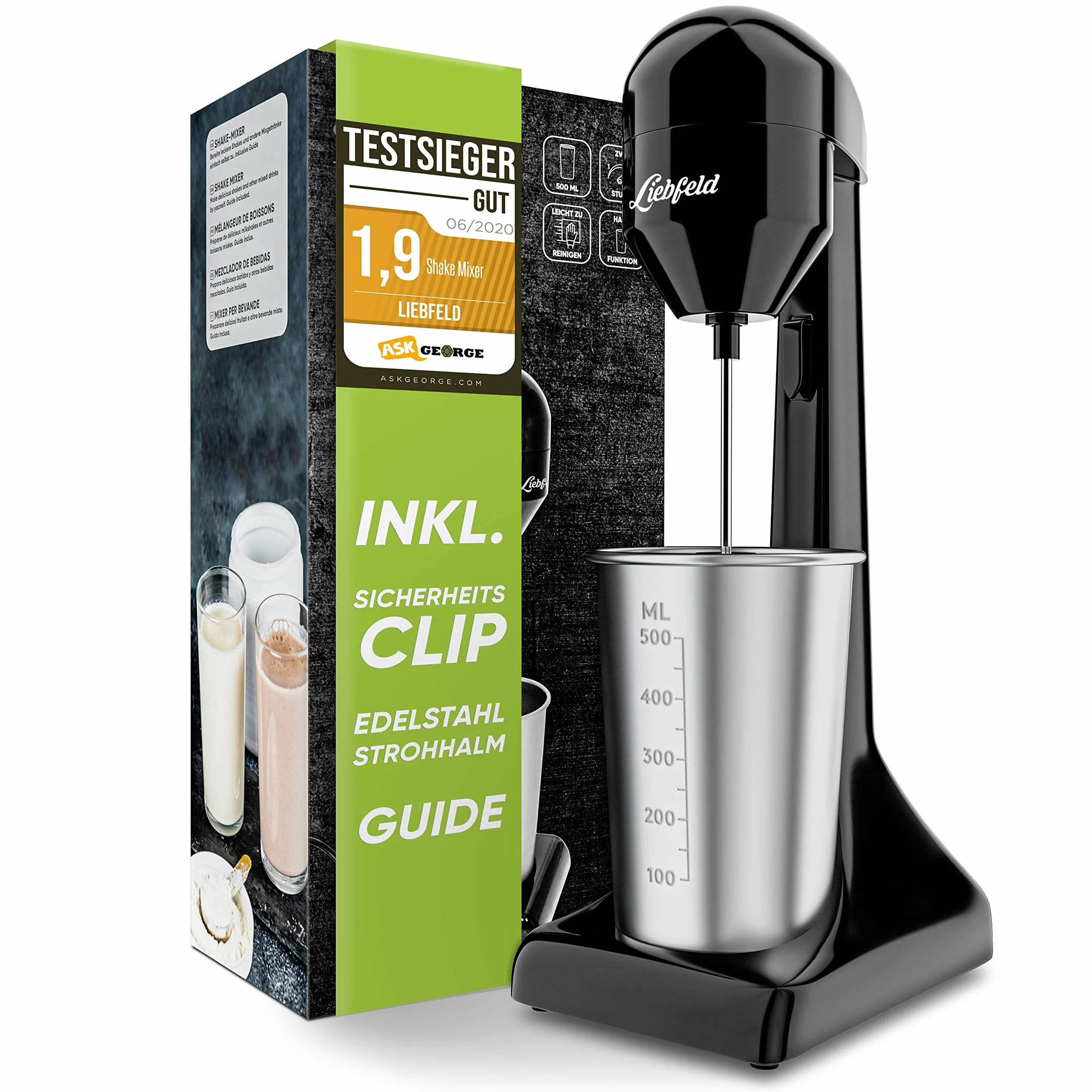 Liebfeld Elektryczny shaker proteinowy – blender ręczny z kubkiem ze stali nierdzewnej o pojemności 500 ml – shake proteinowy i koktajl mleczny, fitness, białko, frappe blender