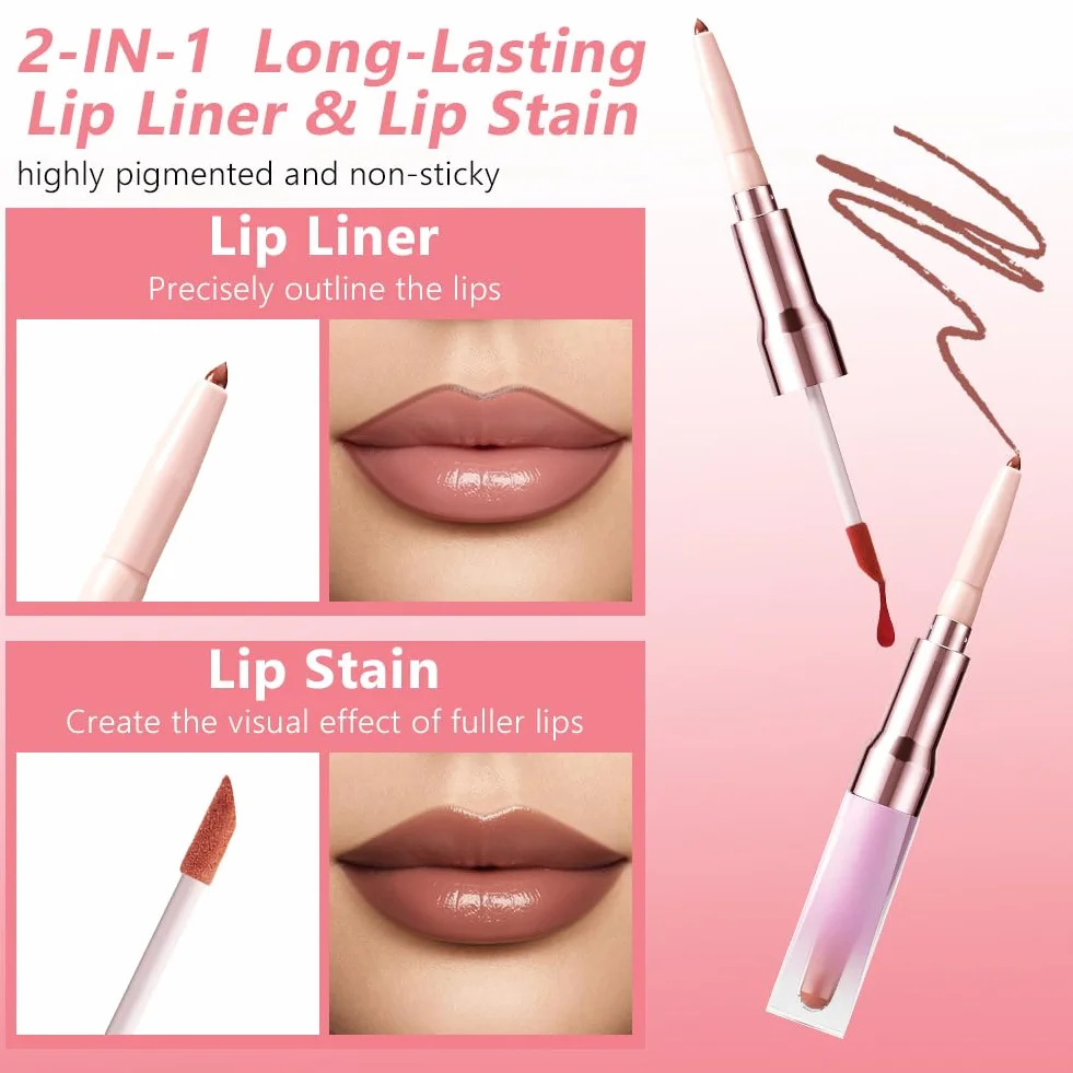 Lip Liner Stain, konturówka do ust 2 w 1 i błyszczyk do ust z dwoma końcówkami, wodoodporna plama do ust Peel Off Finish o wysokiej pigmentacji i gładkości, konturowanie, do wszystkich rodzajów