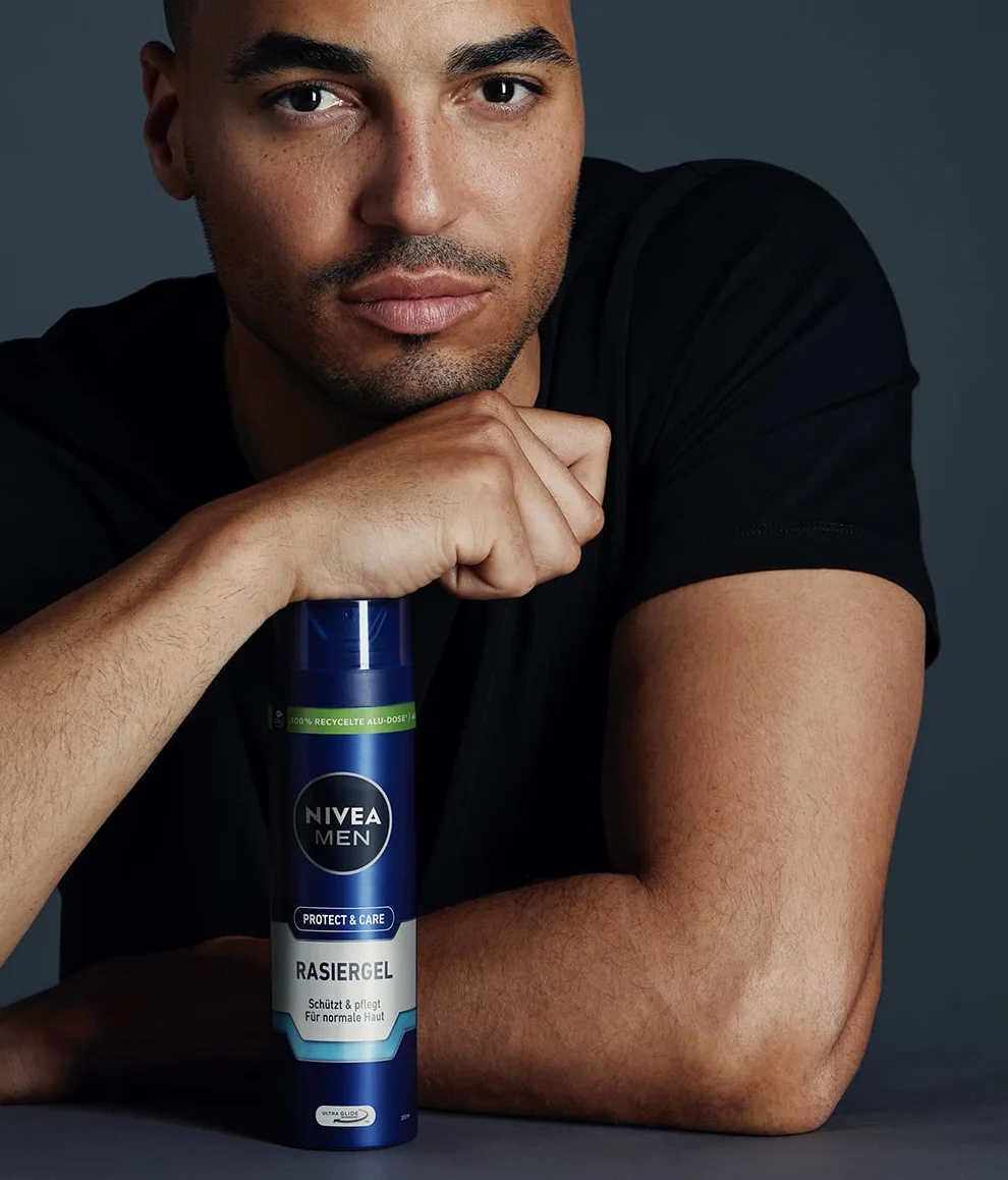 NIVEA MEN Protect & Care żel do golenia (200 ml), ochrona i pielęgnacja dla delikatnego golenia, przyjazny dla skóry żel do golenia dla mężczyzn z aloesem i pantenolem