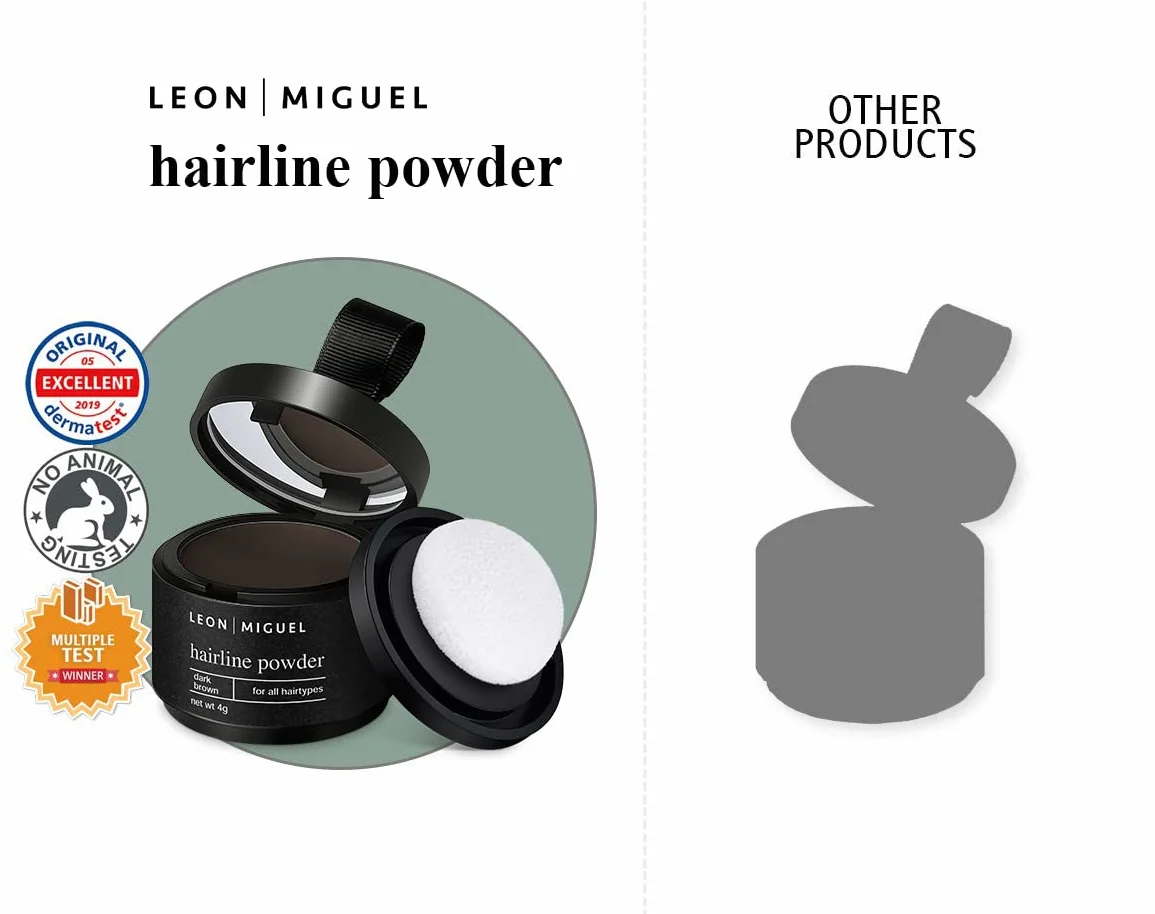 LEON MIGUEL Puder do odrostów – Hairline Powder jako wodoodporny korektor do włosów do kaszerowania odrostów dla kobiet i mężczyzn, niewidoczny makijaż do zagęszczania włosów – 4 g | ciemny brąz