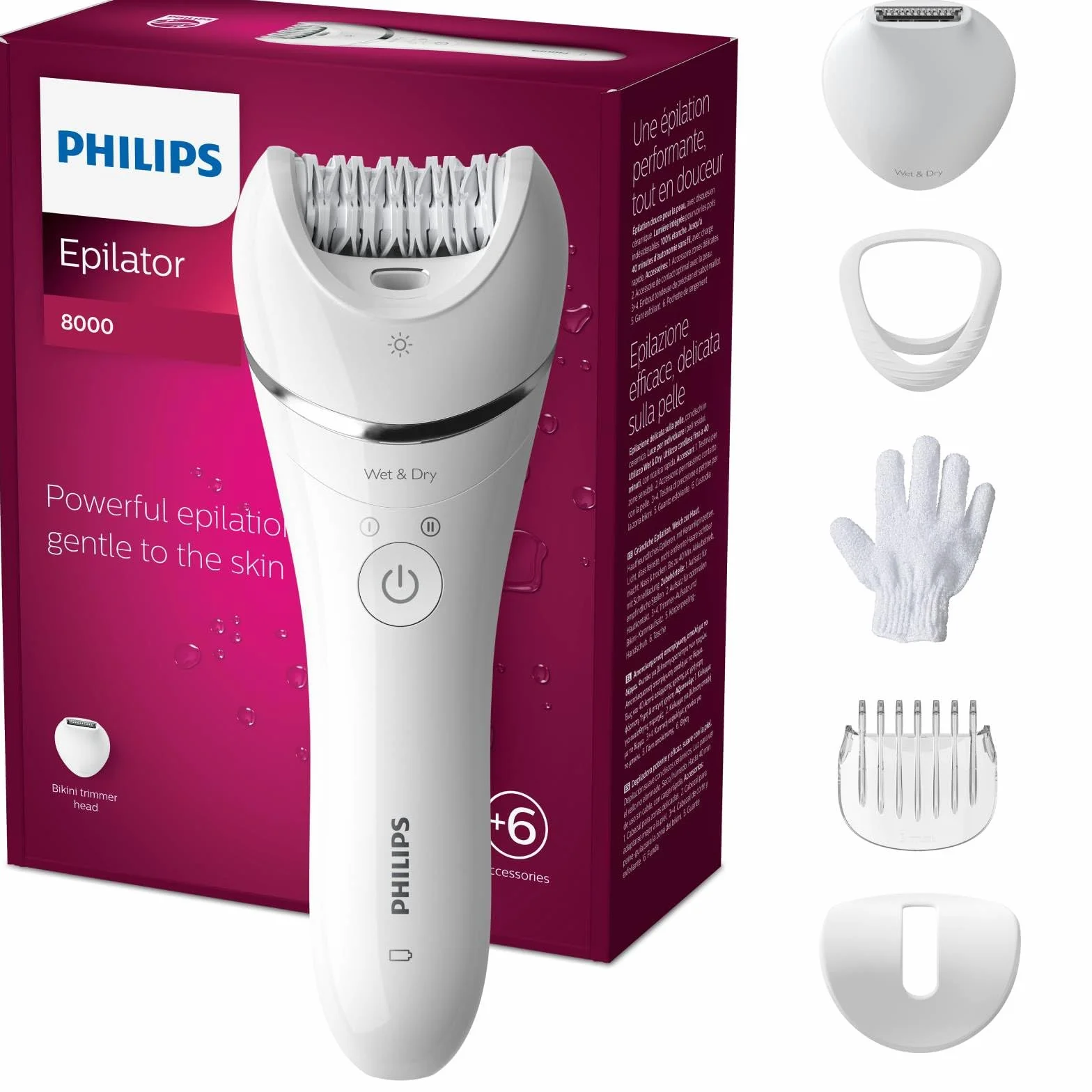 Philips Depilator z serii 8000, bezprzewodowy depilator na mokro i na sucho do nóg i ciała, z 6 akcesoriami, trymerem i szczoteczką złuszczającą, model BRE715/00