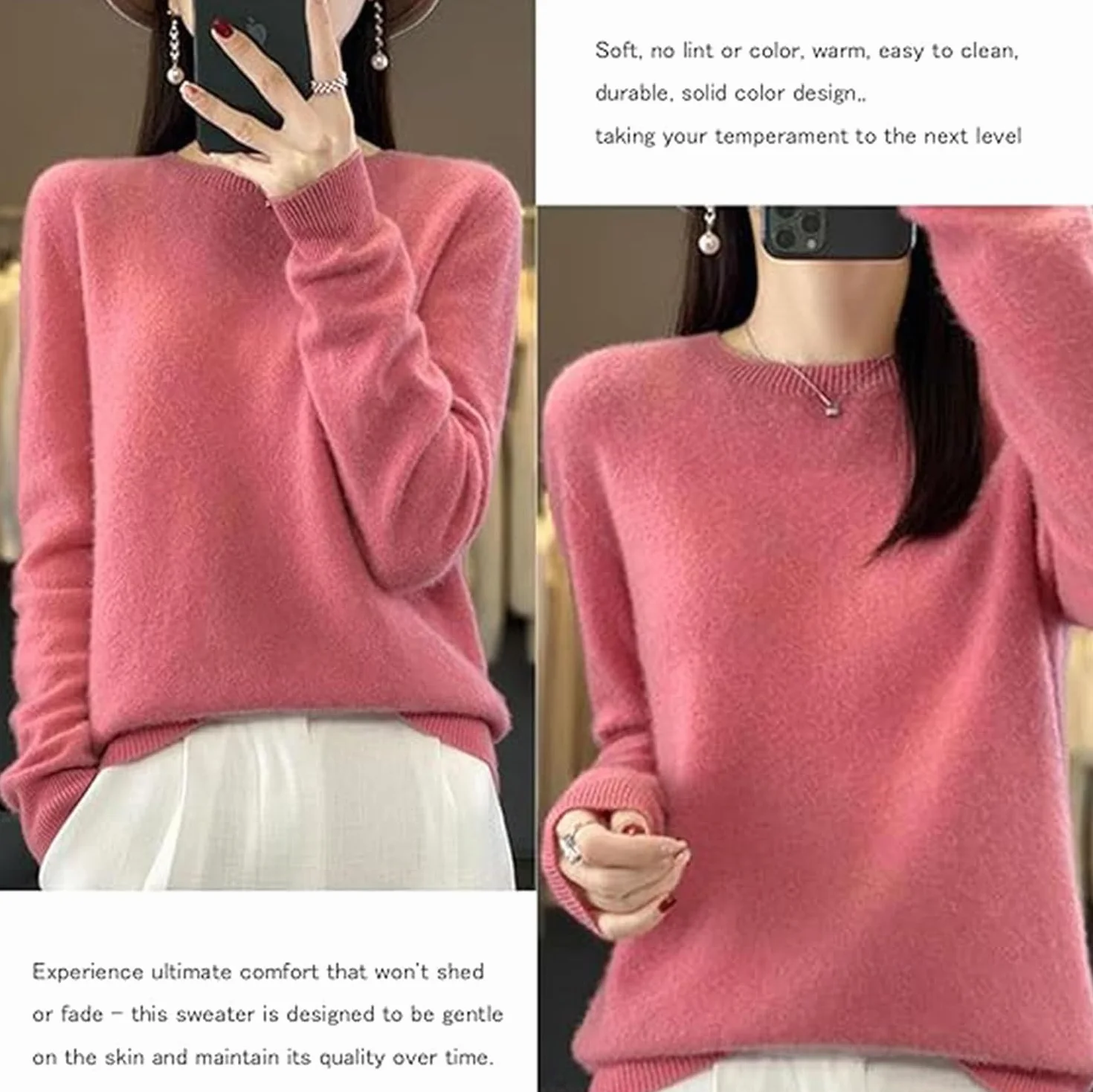 Elegancki 2025 damski sweter z wełny kaszmirowej, miękki, lekki, z długim rękawem, z okrągłym dekoltem, na jesień i zimę
